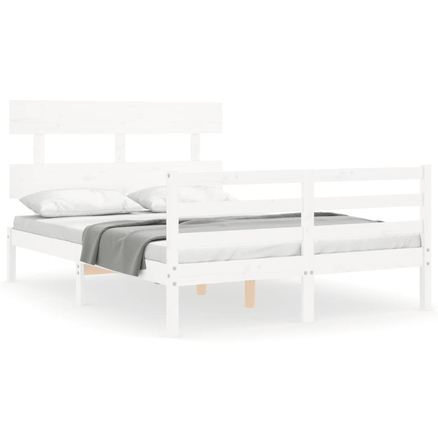 The Living Store Bedframe met hoofdbord massief hout wit 4FT6 Double - Bedframe - Bedframes - Bed - Tweepersoonsbed - Slaapkamermeubel - Houten Bedframe - Houten Bed - Bedbodem - M