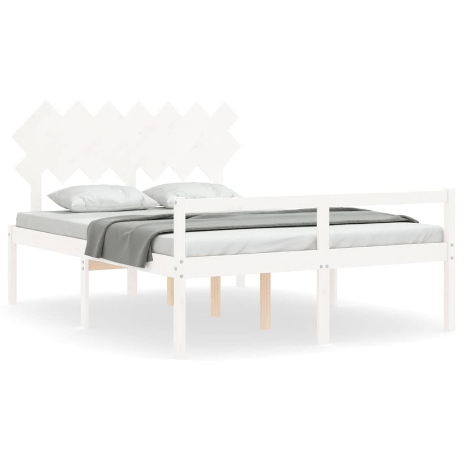 The Living Store Bedframe met hoofdbord massief hout wit 5 FT King - Bedframe - Bedframes - Bed - Tweepersoonsbed - Slaapkamermeubel - Houten Bedframe - Houten Bed - Bedbodem - Mas