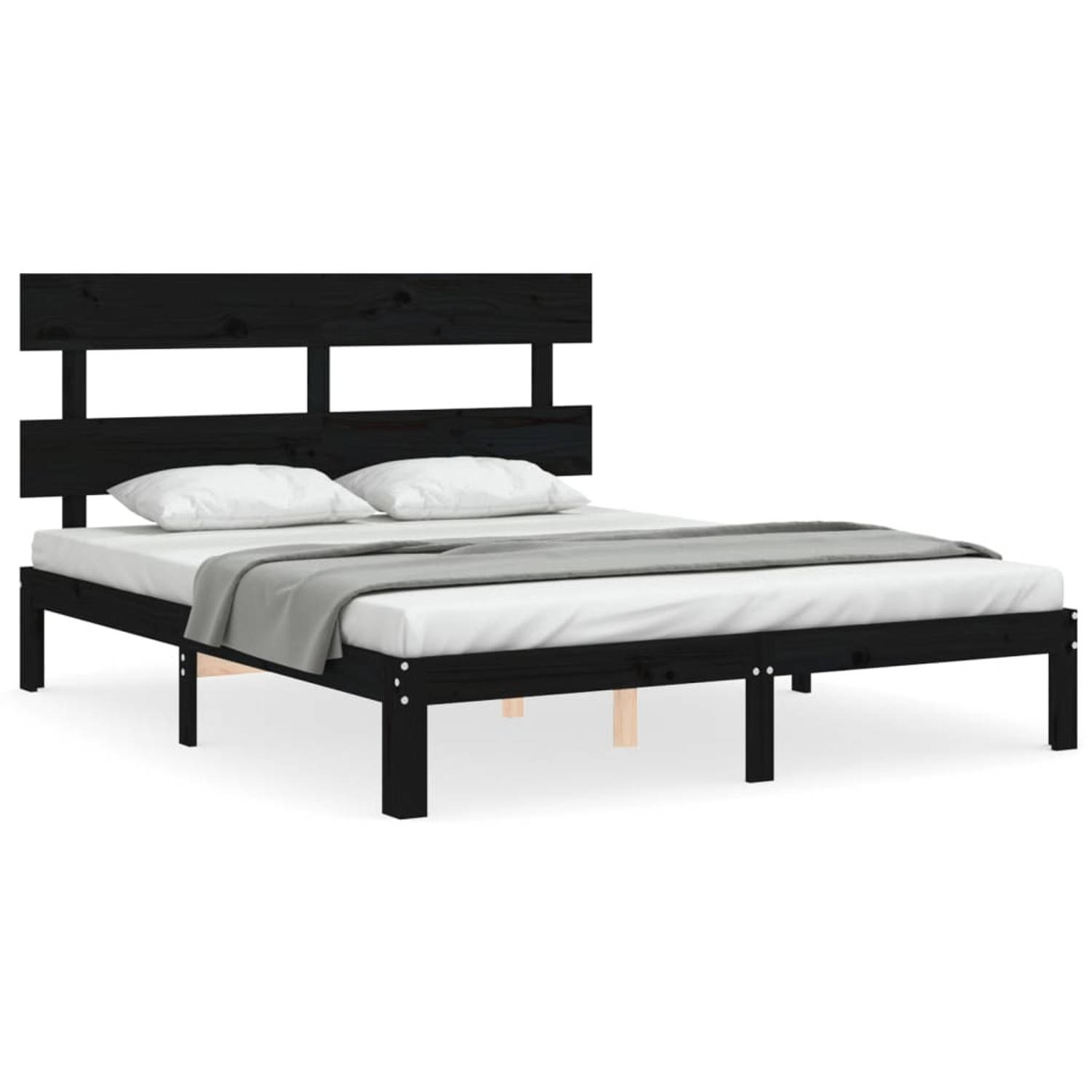 The Living Store Bedframe met hoofdbord massief hout zwart 5FT King Size - Bed