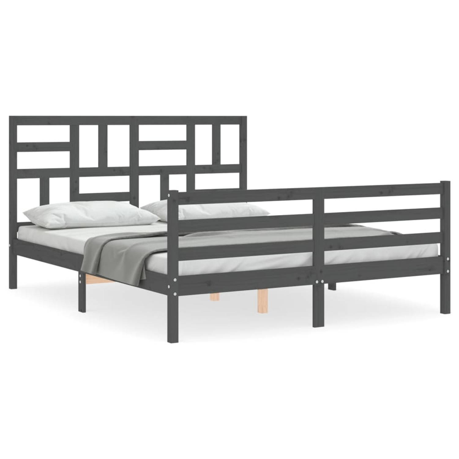 The Living Store Bedframe met hoofdbord massief hout grijs 160x200 cm - Bedframe - Bedframes - Bed - Tweepersoonsbed - Slaapkamermeubel - Houten Bedframe - Houten Bed - Bedbodem -