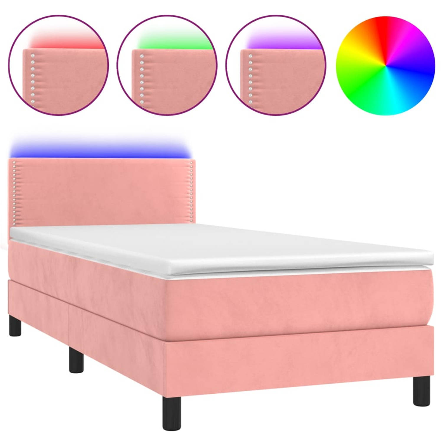 The Living Store Boxspring Bed - Roze fluweel - 203 x 90 x 78/88 cm - Verstelbaar hoofdbord - Pocketvering matras - Huidvriendelijk topmatras - Kleurrijke LED-verlichting