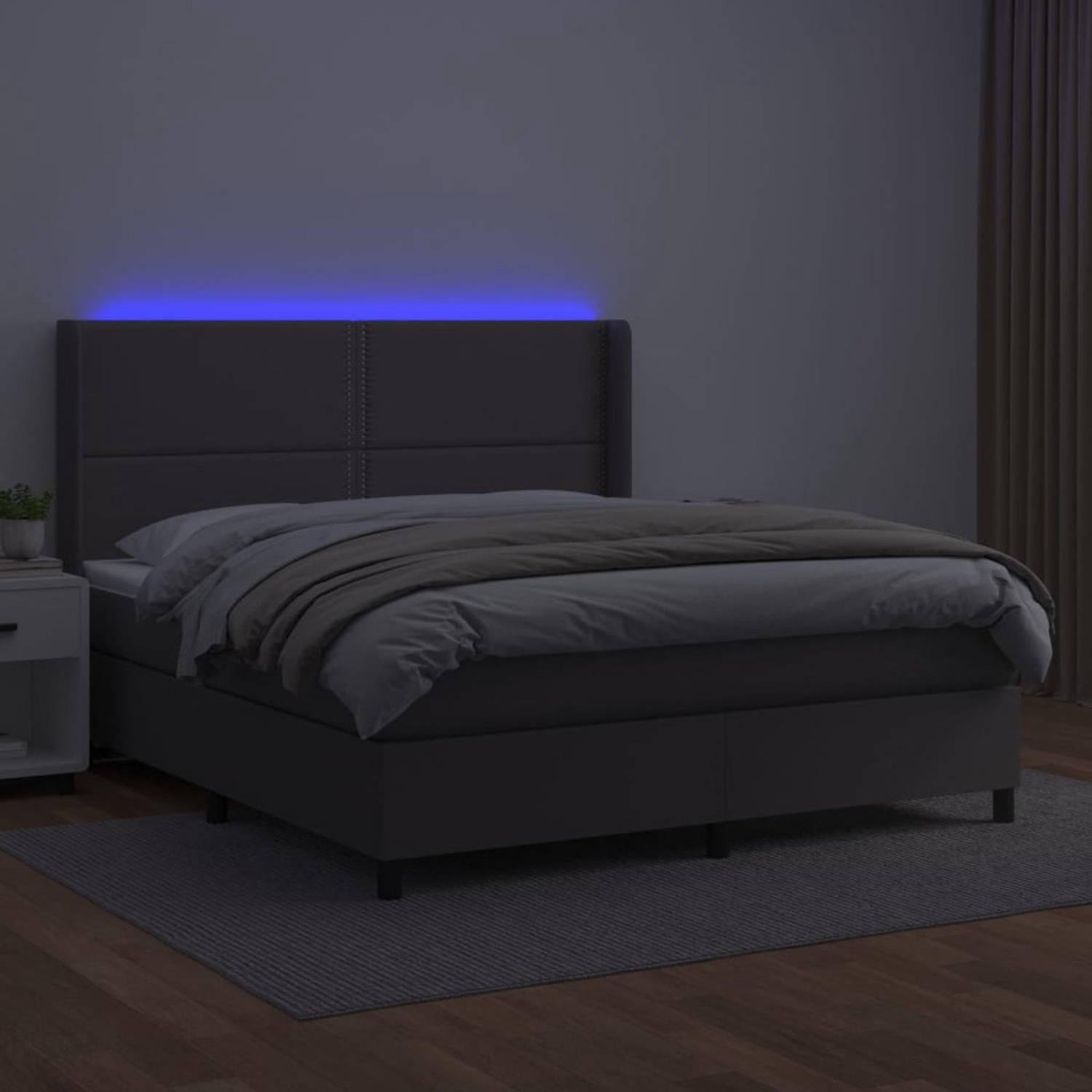 The Living Store Boxspring met matras en LED kunstleer grijs 160x200 cm - Bed