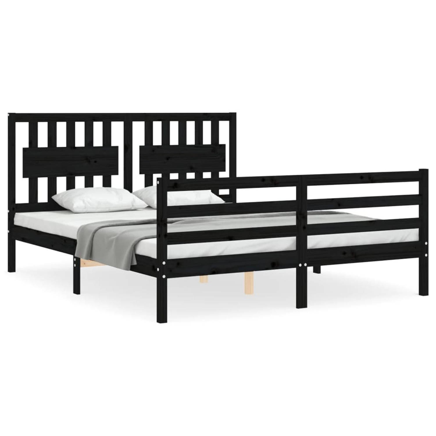 The Living Store Bedframe met hoofdbord massief hout zwart 160x200 cm - Bedframe - Bedframes - Bed - Tweepersoonsbed - Slaapkamermeubel - Houten Bedframe - Houten Bed - Bedbodem -