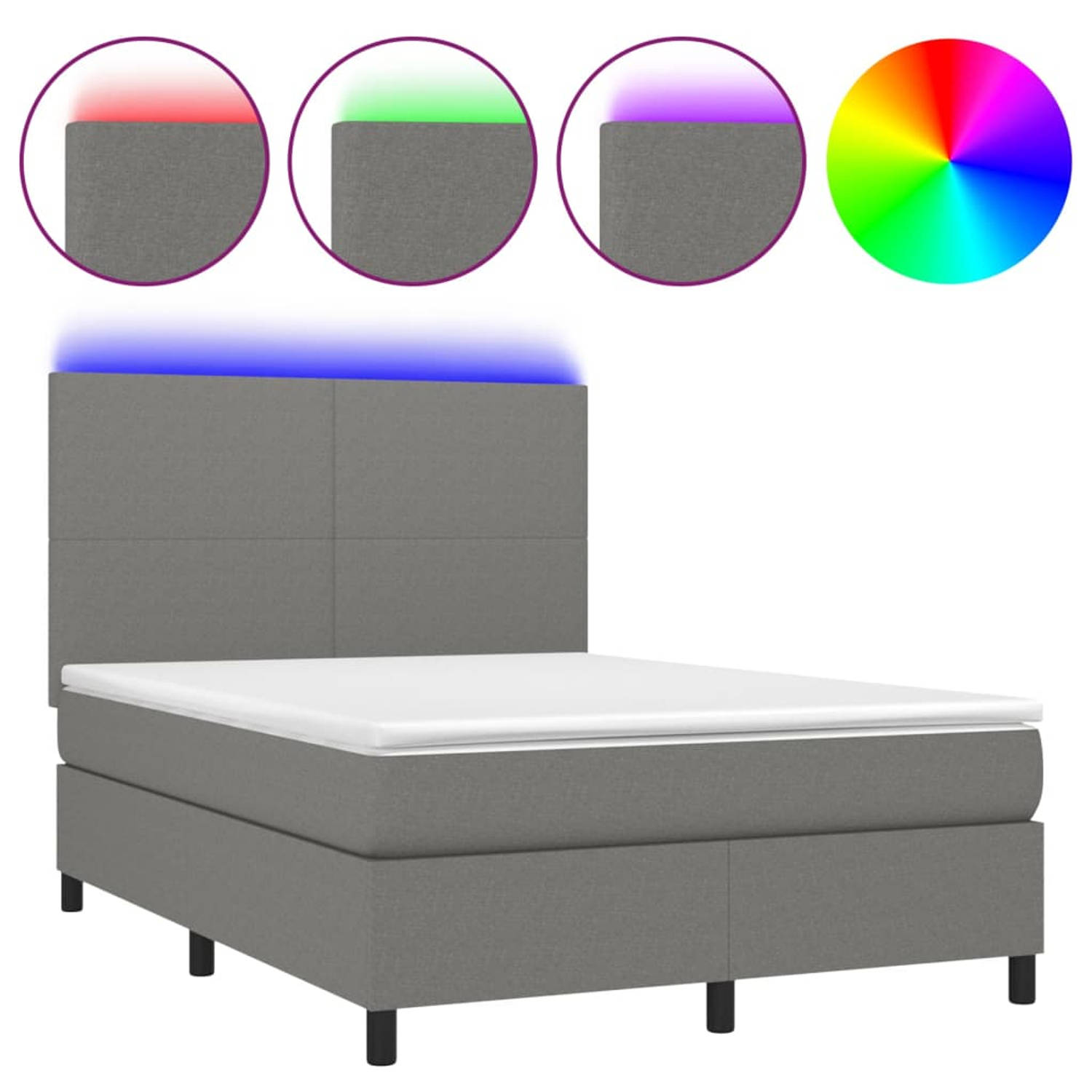 The Living Store Boxspring Bed - Donkergrijs - 203 x 144 cm - Verstelbaar hoofdbord - Inclusief matras en topmatras - LED-verlichting - Pocketvering - Huidvriendelijk