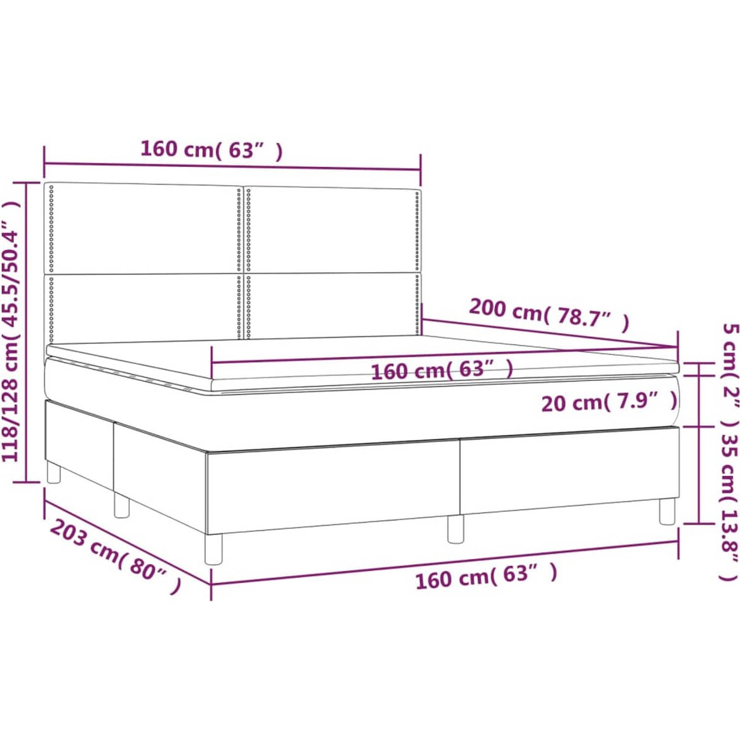 The Living Store Boxspringbed - zwart - 203 x 160 x 118/128 cm - Pocketvering matras - Middelharde ondersteuning - Huidvriendelijk topmatras