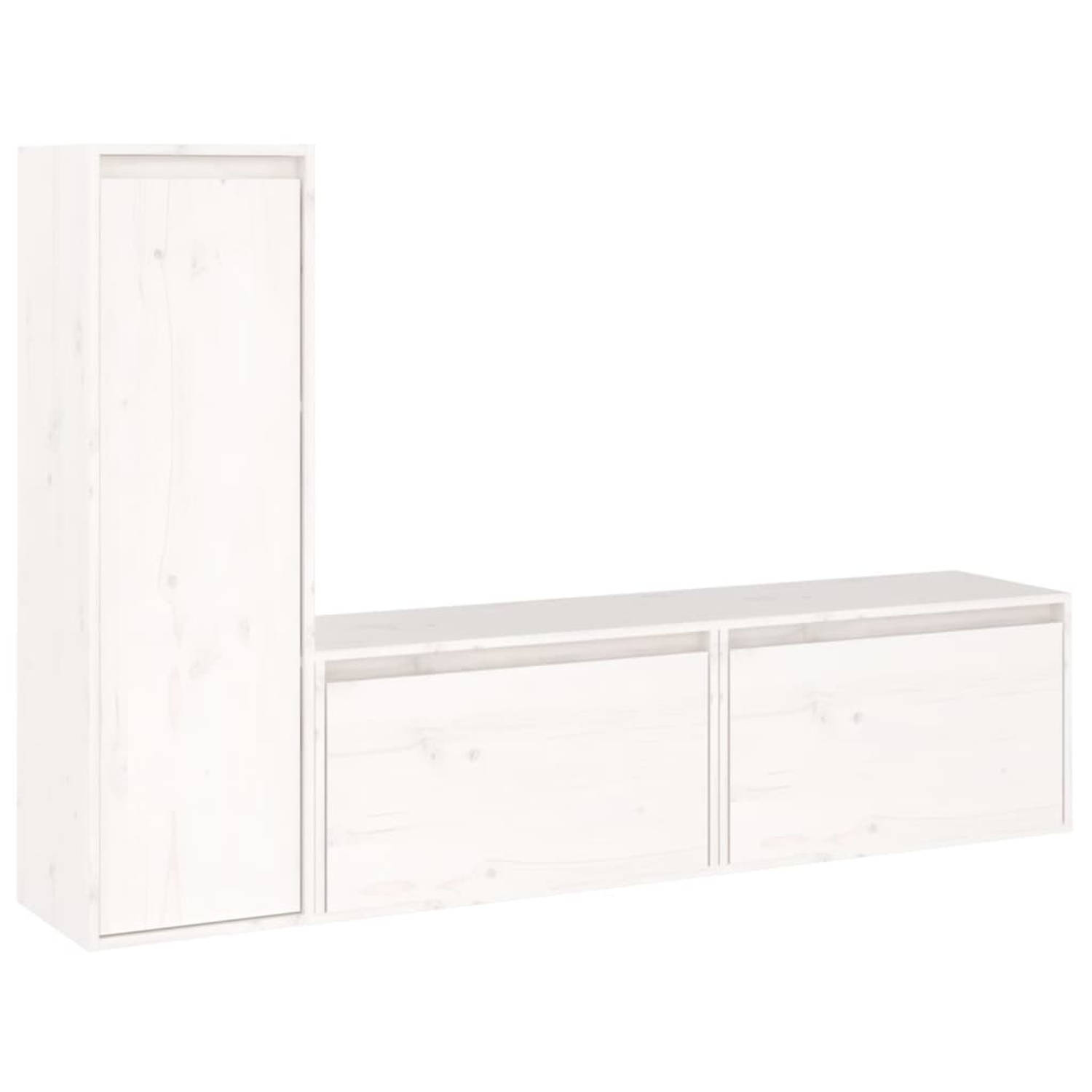 The Living Store Televisiemeubel Klassieke Wandmeubel Massief grenenhout Wit 2x 60x30x35cm + 1x 30x3