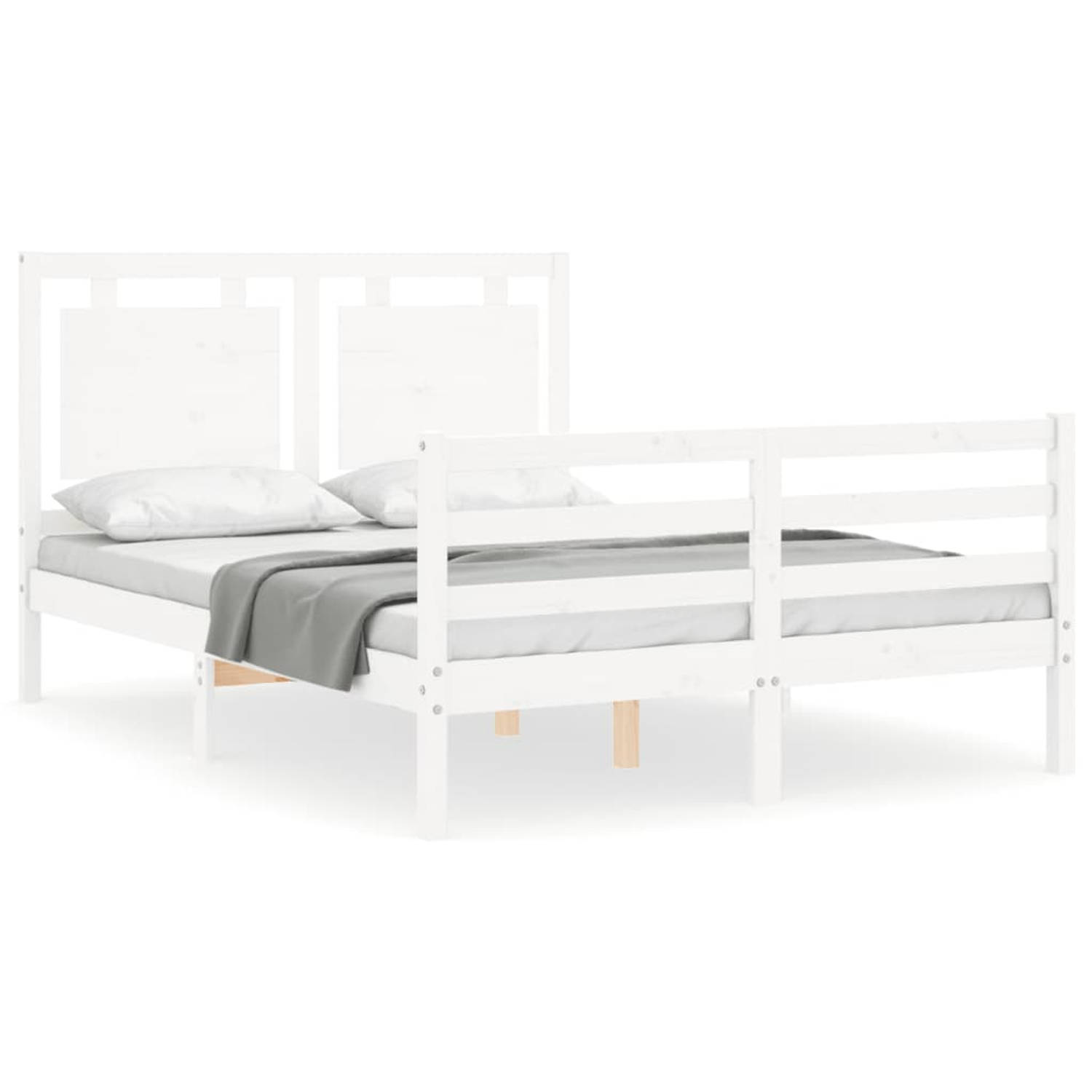 The Living Store Bedframe met hoofdbord massief hout wit 120x200 cm - Bedframe - Bedframes - Bed - Tweepersoonsbed - Slaapkamermeubel - Houten Bedframe - Houten Bed - Bedbodem - Ma