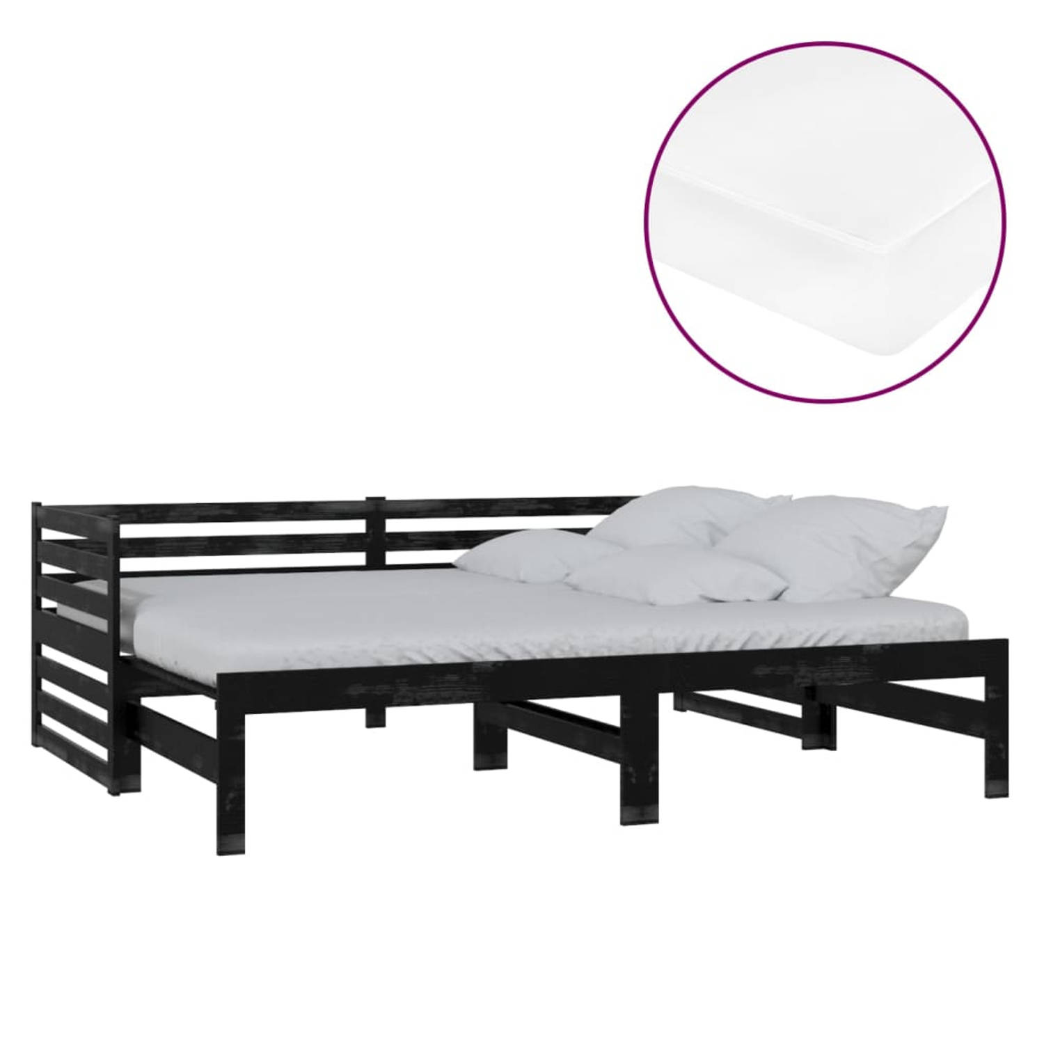 The Living Store Slaapbank uitschuifbaar massief grenenhout zwart 2x(90x200) cm - Bedbank - Bedbanken - Bed Bank - Bed Banken - Slaapbank - Slaapbanken - Slaap Bank - Slaap Banken