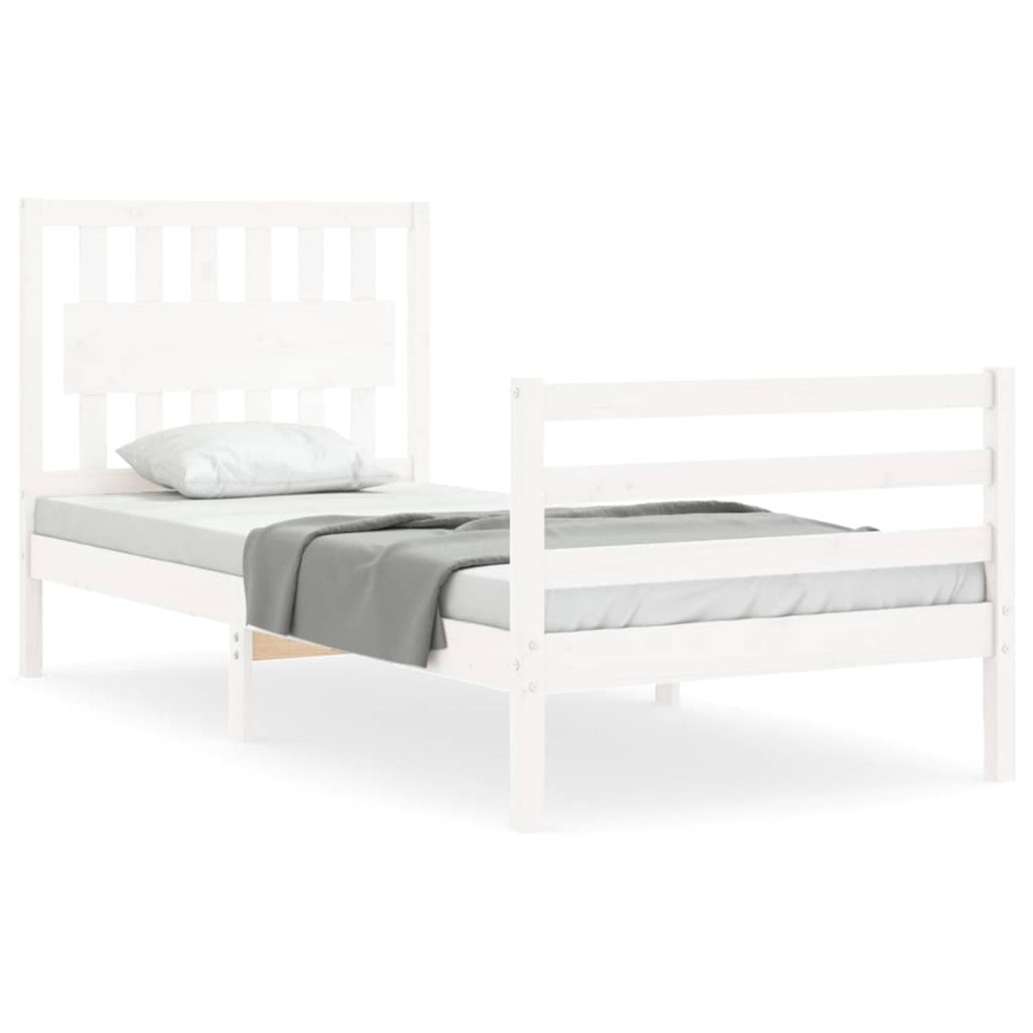 The Living Store Bedframe met hoofdbord massief hout wit 90x200 cm - Bedframe - Bedframes - Bed - Eenpersoonsbed - Slaapkamermeubel - Houten Bedframe - Houten Bed - Bedbodem - Mass