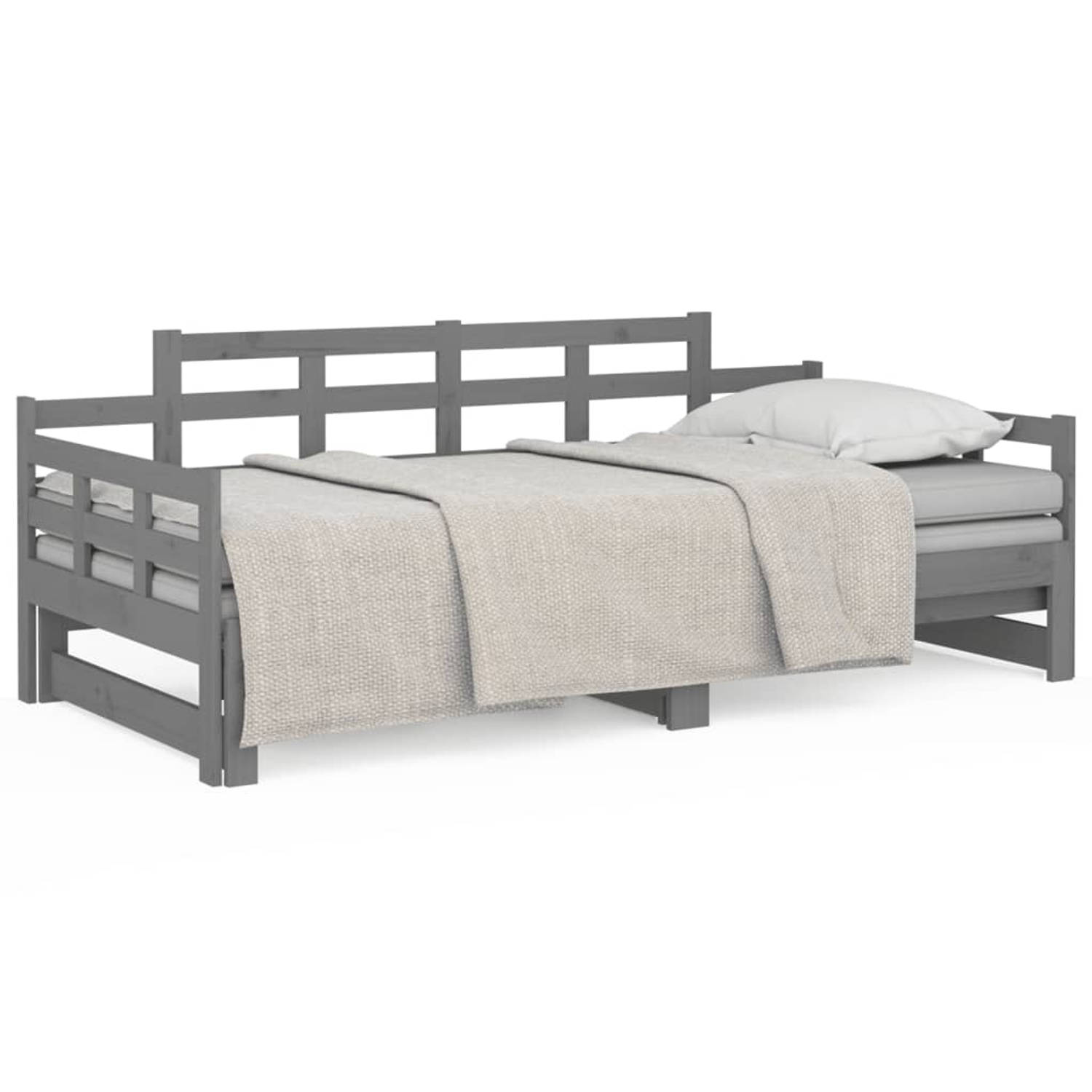 The Living Store Slaapbank uitschuifbaar massief grenenhout grijs 2x(80x200) cm - Slaapbank - Slaapbanken - Bedbank - Bed - Bedframe - Houten Bedframe - Bedbodem - Slaapmeubel - Le