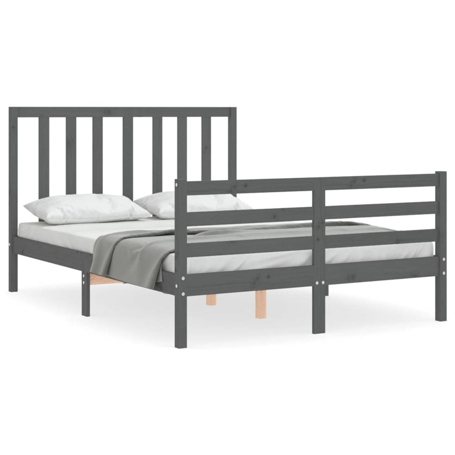 The Living Store Bedframe met hoofdbord massief hout grijs 140x190 cm - Bedframe - Bedframes - Bed - Tweepersoonsbed - Slaapkamermeubel - Houten Bedframe - Houten Bed - Bedbodem -