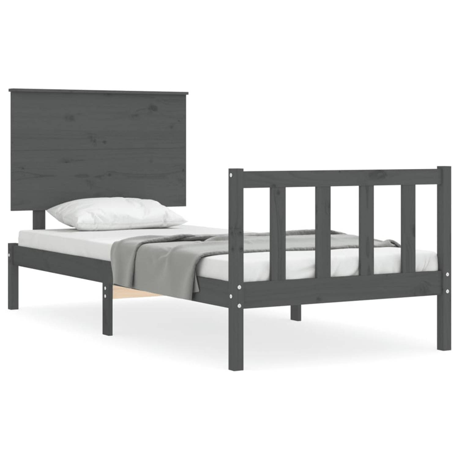 The Living Store Bedframe met hoofdbord massief hout grijs 90x200 cm - Bedframe - Bedframes - Bed - Eenpersoonsbed - Slaapkamermeubel - Houten Bedframe - Houten Bed - Bedbodem - Ma