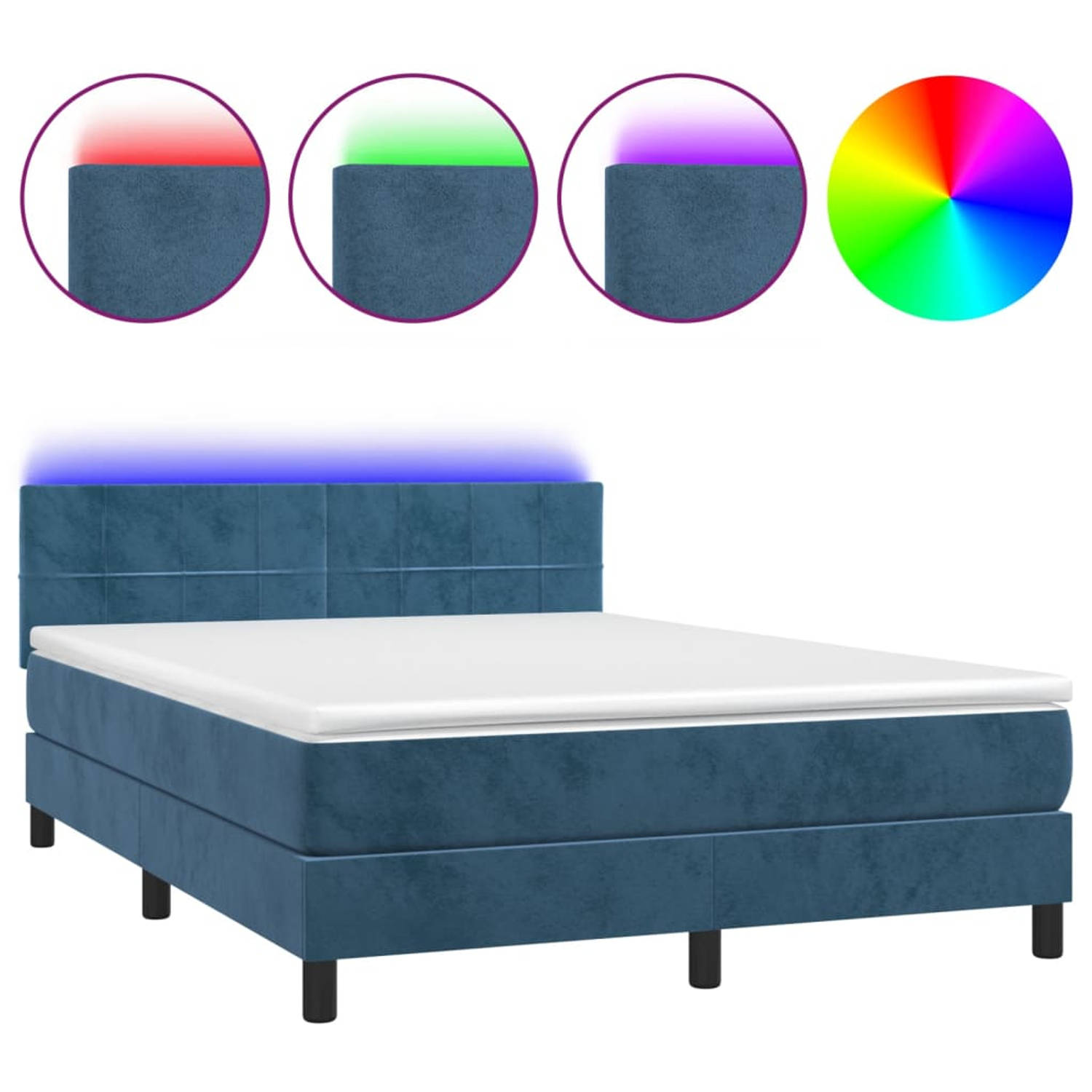 The Living Store Boxspring met matras en LED fluweel donkerblauw 140x190 cm - Bed