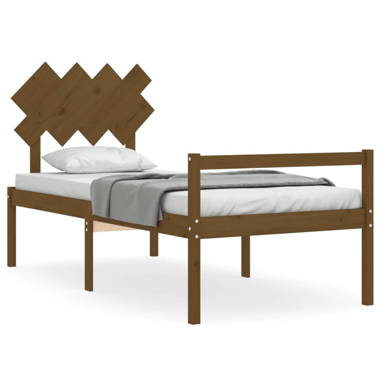 The Living Store Bedframe met hoofdbord massief hout honingbruin 90x200 cm - Bedframe - Bedframes - Bed - Eenpersoonsbed - Slaapkamermeubel - Houten Bedframe - Houten Bed - Bedbode