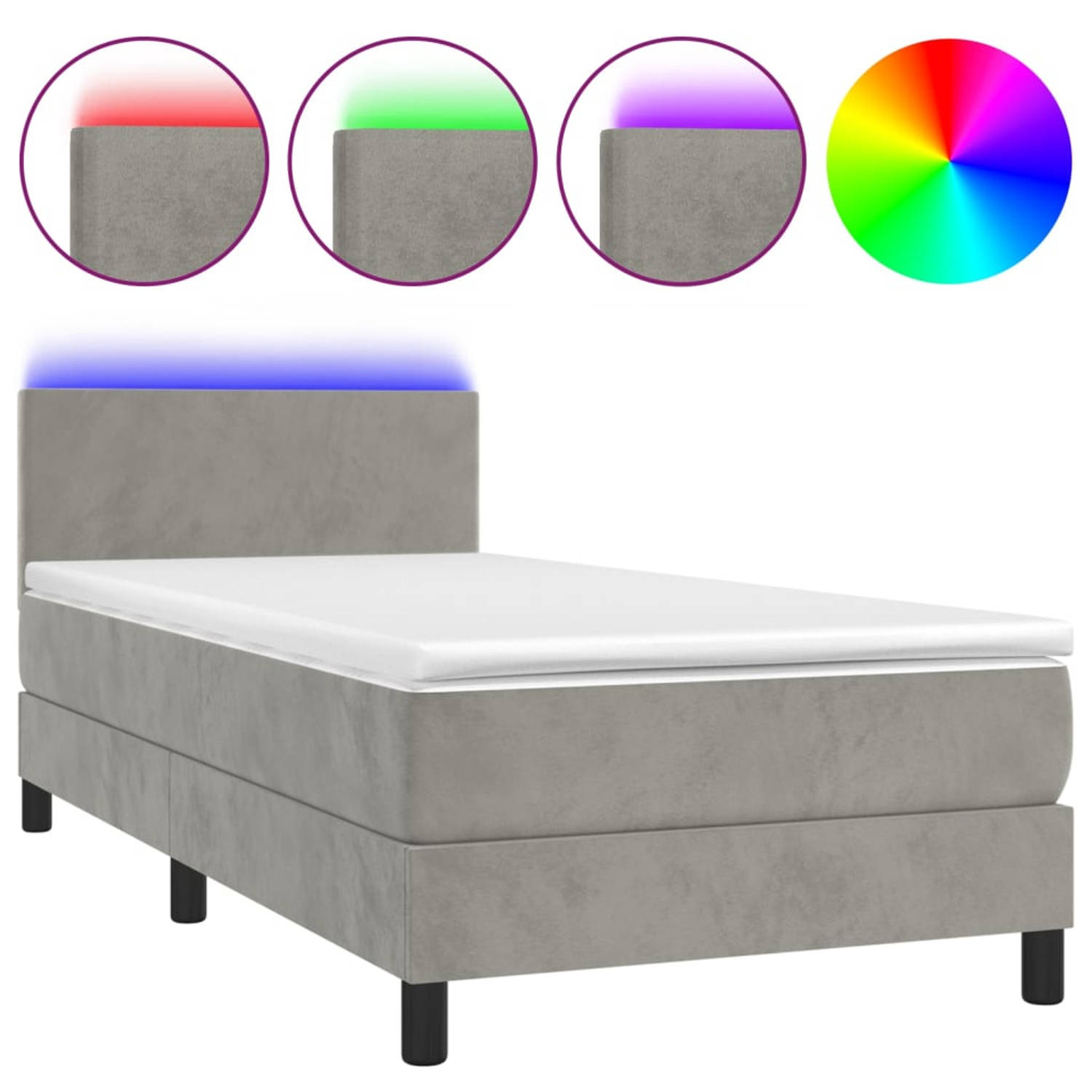 The Living Store Boxspring met matras en LED fluweel lichtgrijs 90x190 cm - Bed