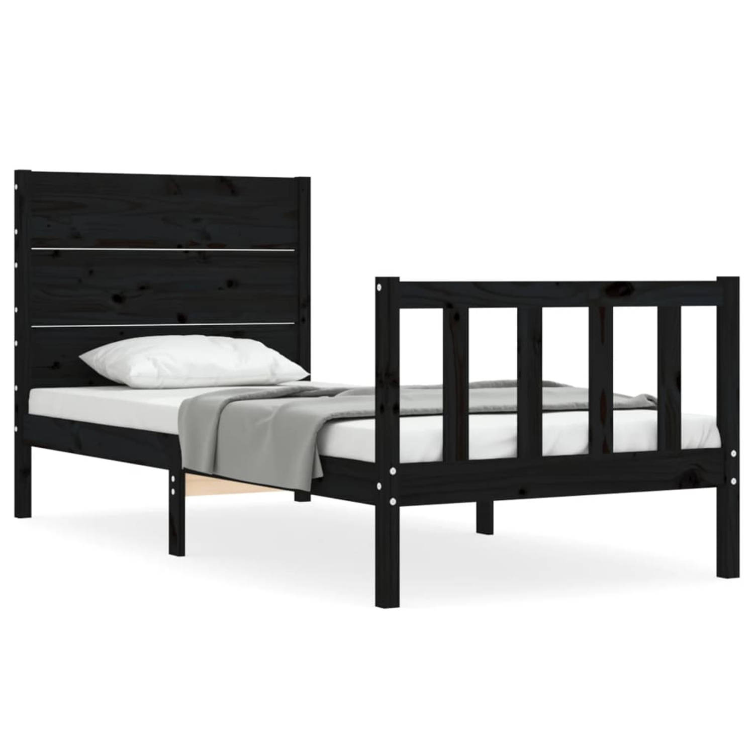 The Living Store Bedframe met hoofdbord massief hout zwart 90x200 cm - Bedframe - Bedframes - Bed - Eenpersoonsbed - Slaapkamermeubel - Houten Bedframe - Houten Bed - Bedbodem - Ma