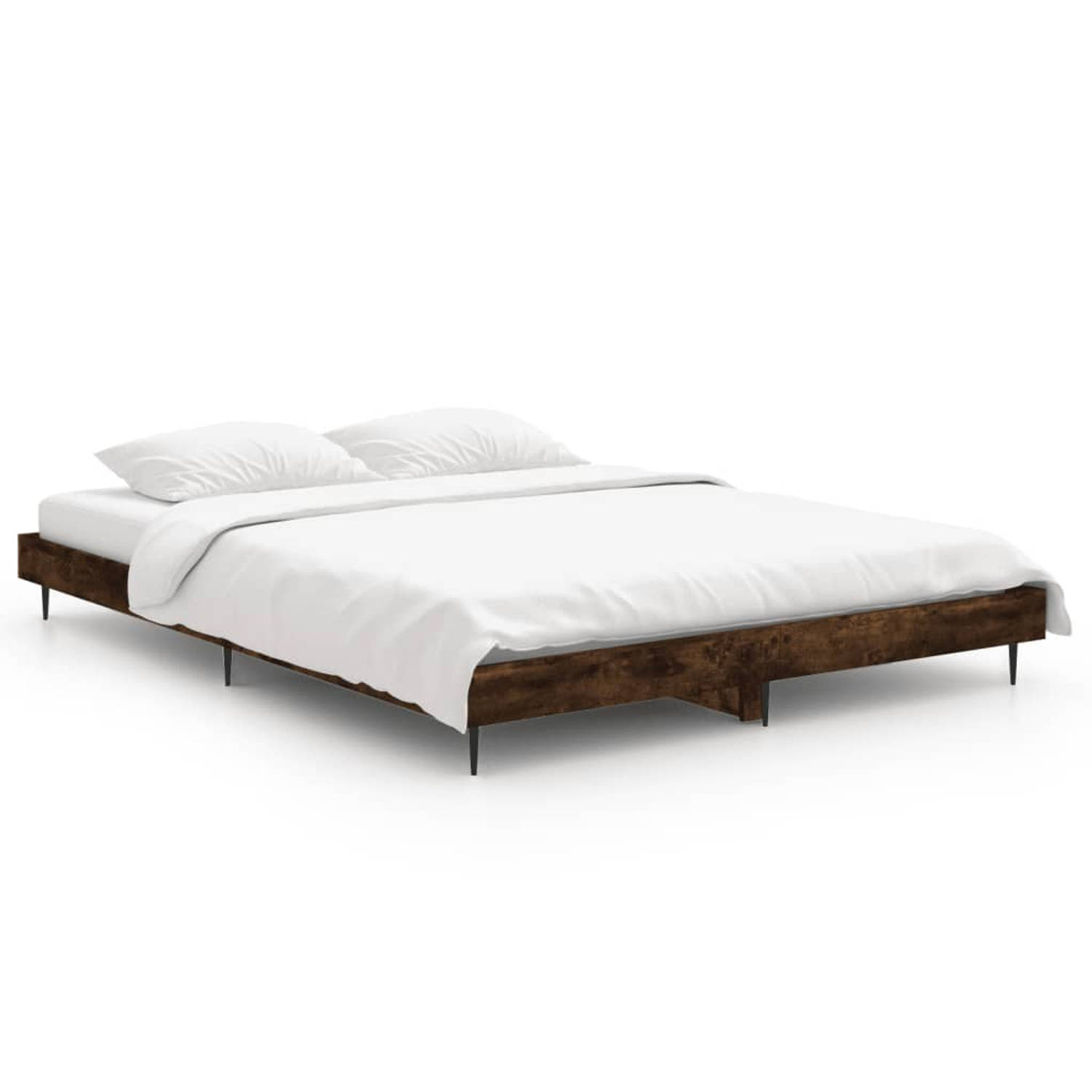 The Living Store Bedframe bewerkt hout gerookt eikenkleurig 135x190 cm - Bed