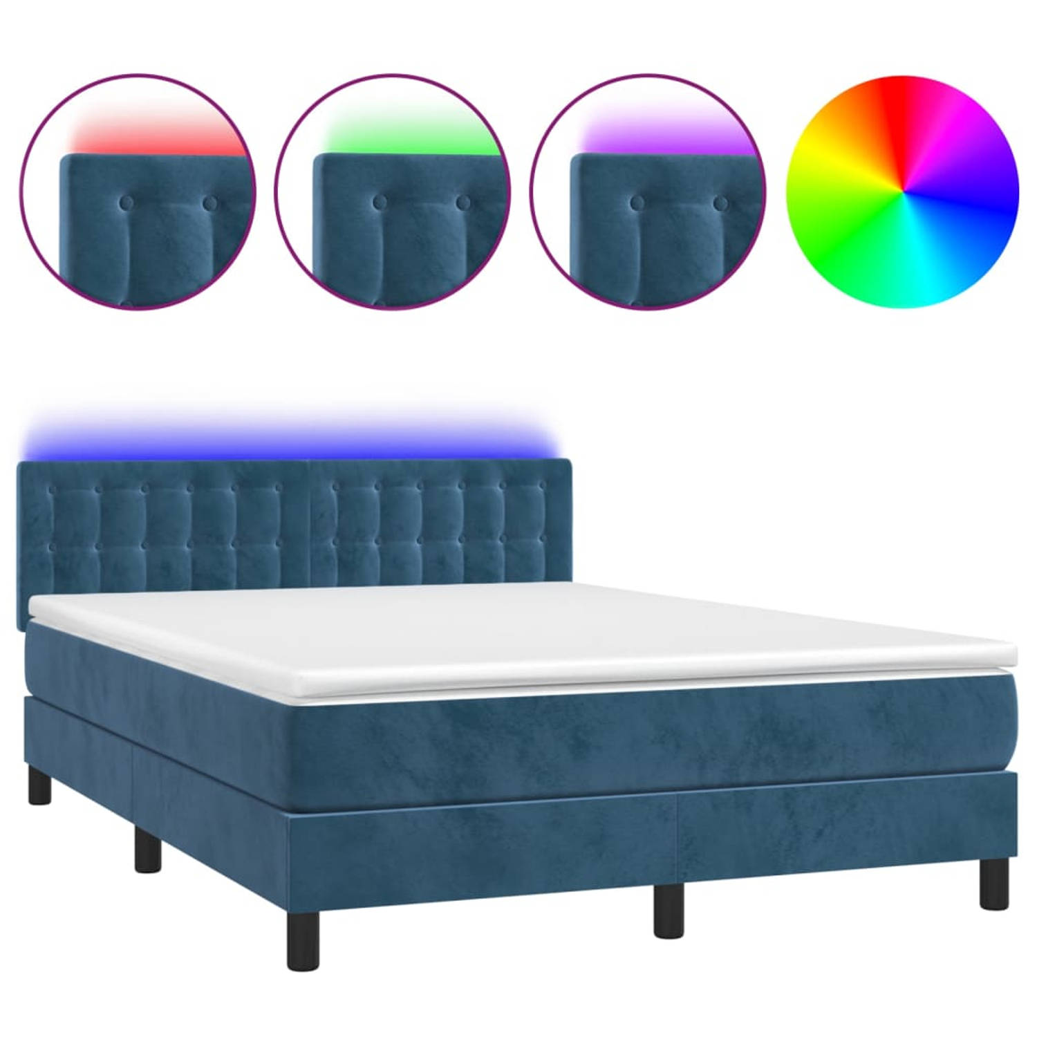 The Living Store Boxspring Bed - fluweel donkerblauw - 203x144x78/88 cm - met verstelbaar hoofdbord en LED-verlichting - pocketvering matras - huidvriendelijk topmatras - inclusief