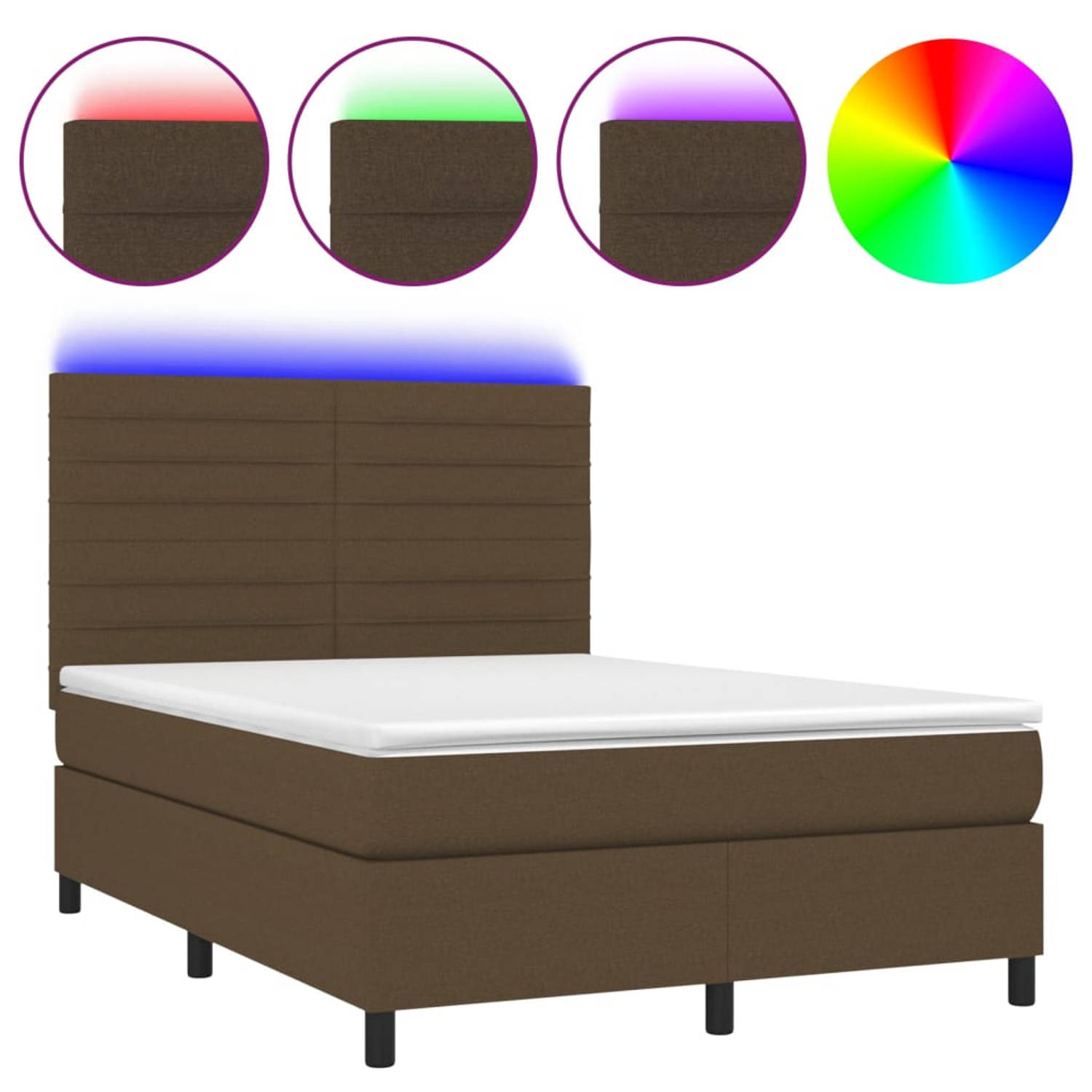 The Living Store Boxspring Bed - Donkerbruin - 193 x 144 x 118/128 cm - Verstelbaar hoofdbord - Kleurrijke LED-verlichting - Pocketvering matras - Huidvriendelijk topmatras - Incl
