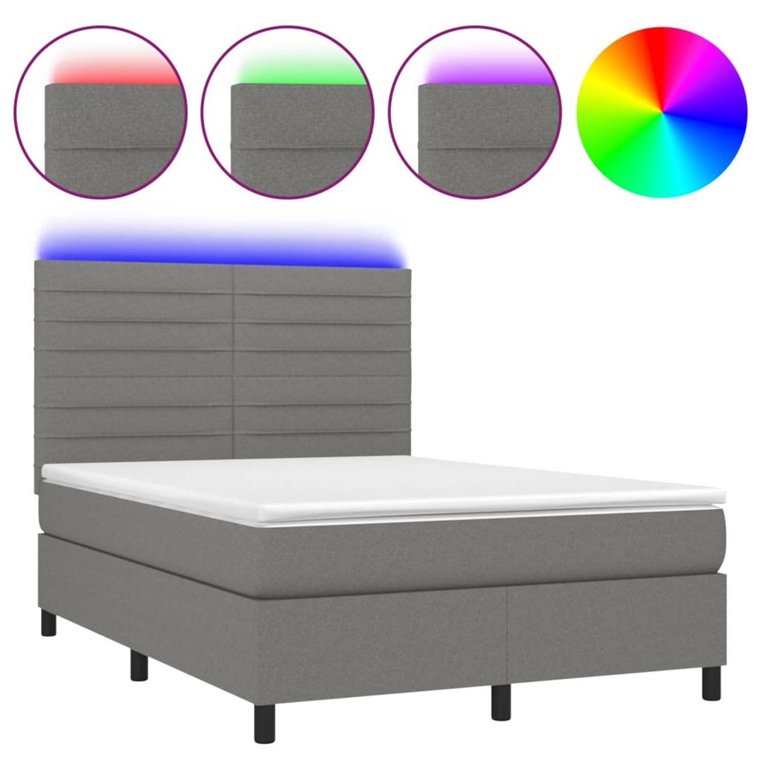 The Living Store Boxspring met matras en LED stof donkergrijs 140x190 cm - Bed