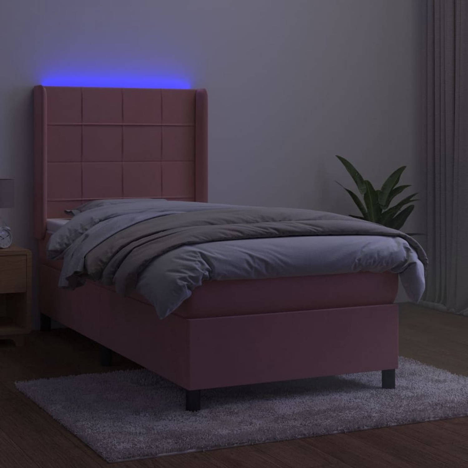 The Living Store Boxspring - Roze fluweel - 203 x 83 x 118/128 cm - Verstelbaar hoofdbord - LED-verlichting - Pocketvering matras - Huidvriendelijk topmatras