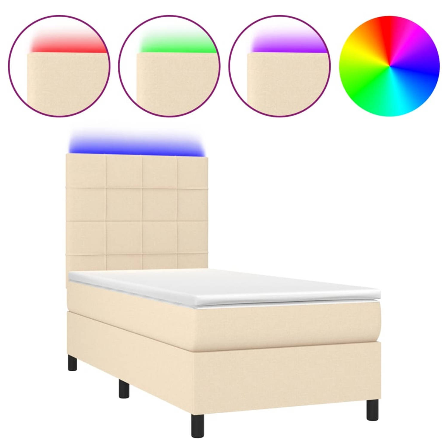 The Living Store Bed - LED - Boxspring - 203x80x118/128 cm - Crème - Stof - Pocketvering