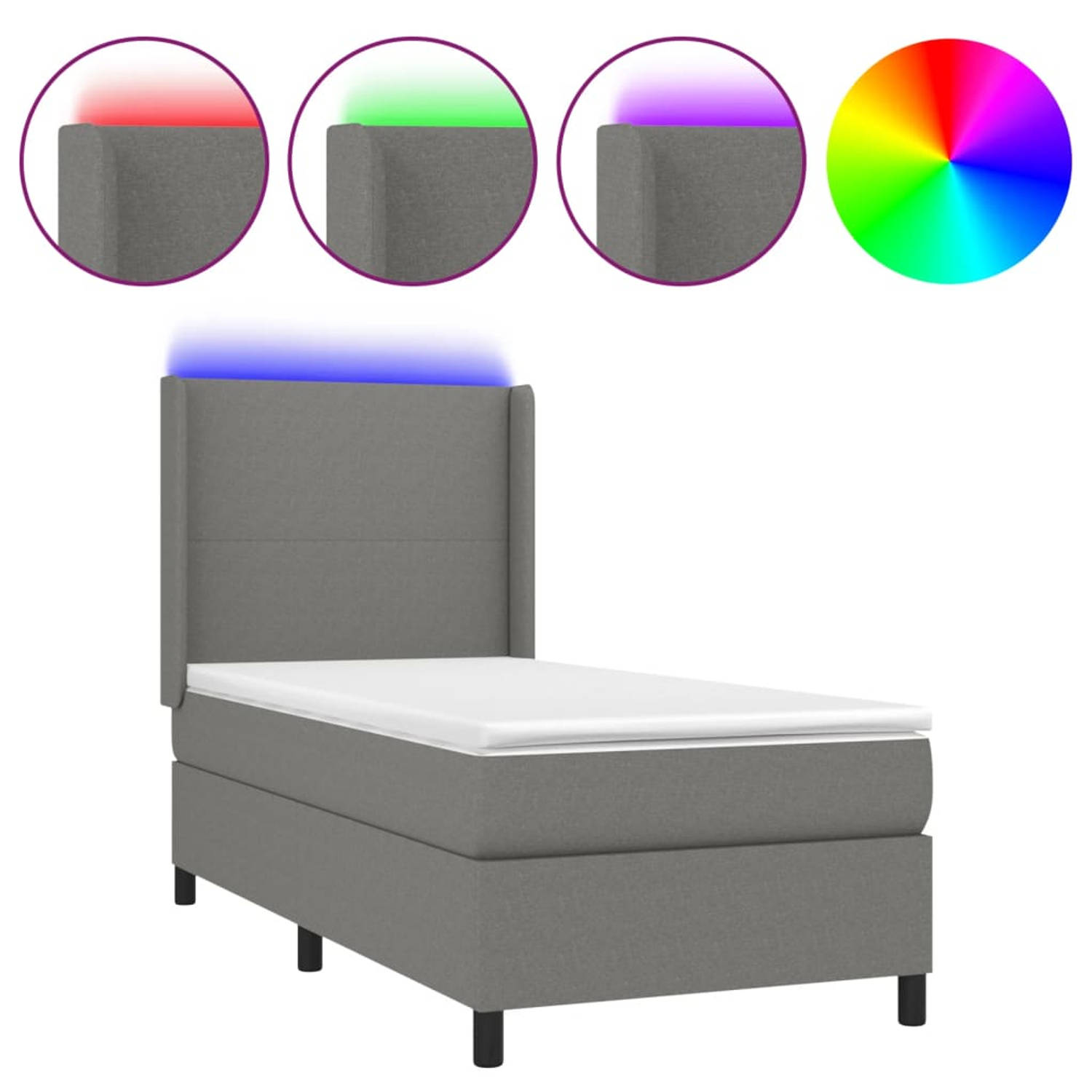 The Living Store Boxspring met matras en LED stof donkergrijs 90x200 cm - Bed