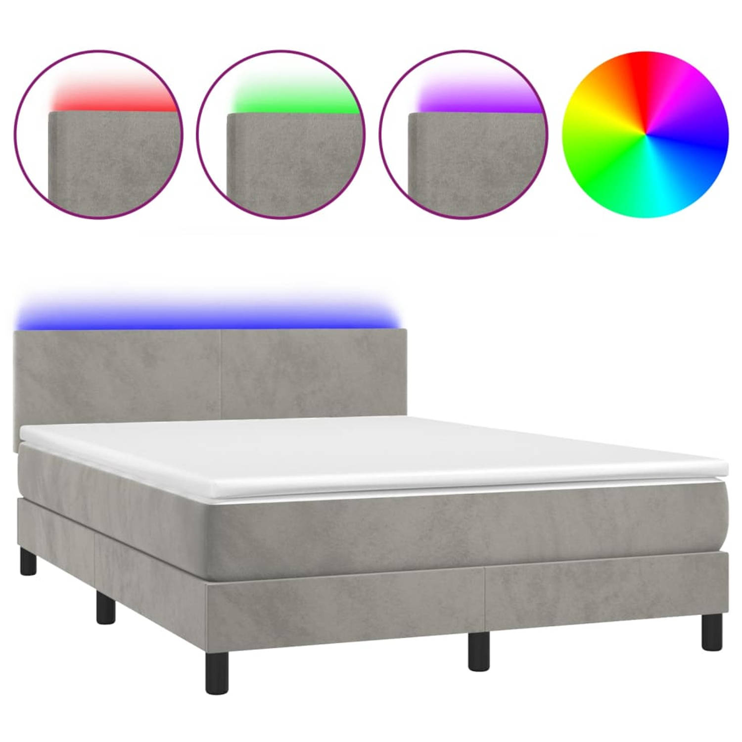 The Living Store Boxspring met matras en LED fluweel lichtgrijs 140x190 cm - Bed