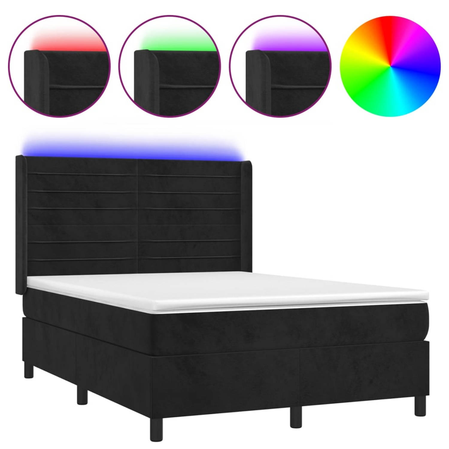 The Living Store Boxspring Bed - fluweel - 193 x 147 x 118/128 cm - verstelbaar hoofdbord - LED lighting - pocketvering matras - huidvriendelijk topmatras - zwart