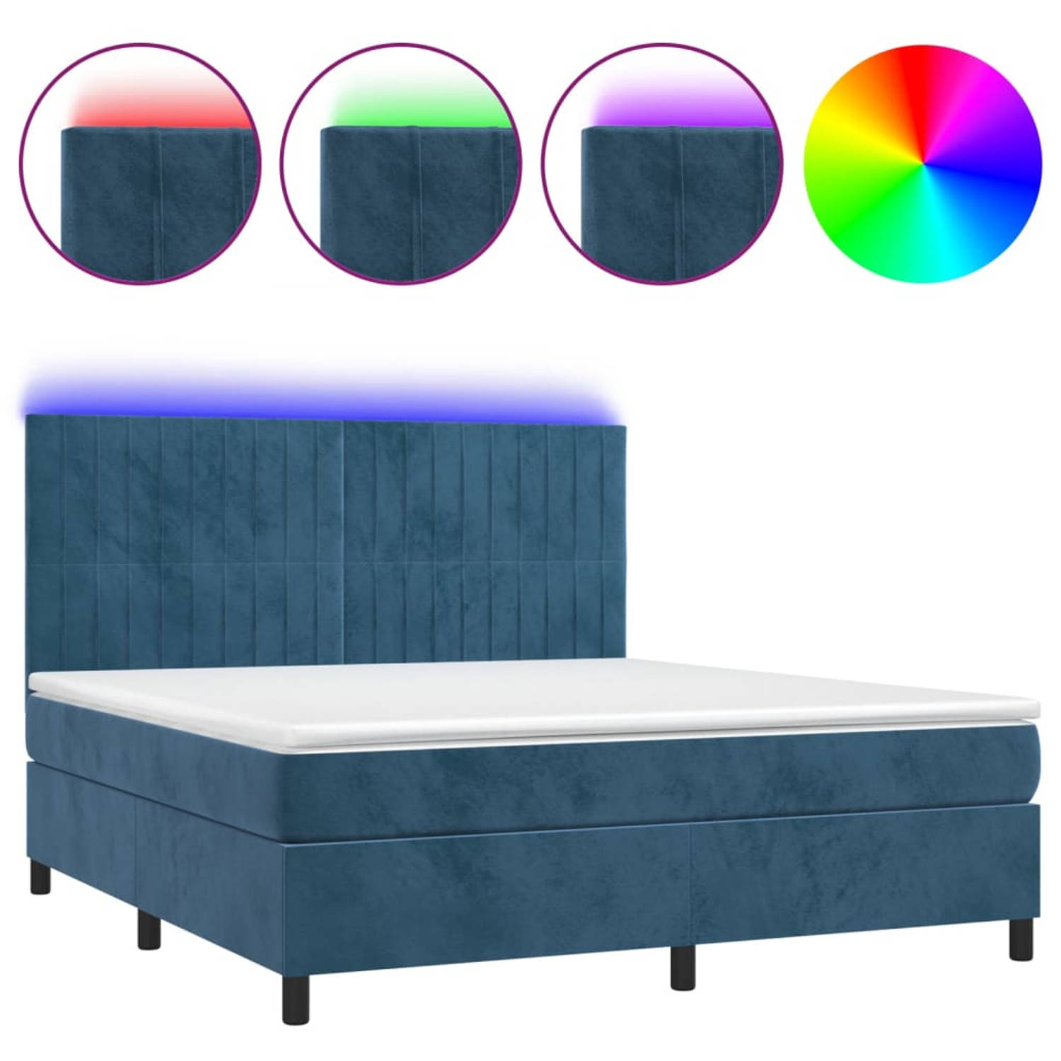 The Living Store Boxspring Bed - Fluweel - LED - Pocketvering - Huidvriendelijk - Donkerblauw - 203x180x118/128cm