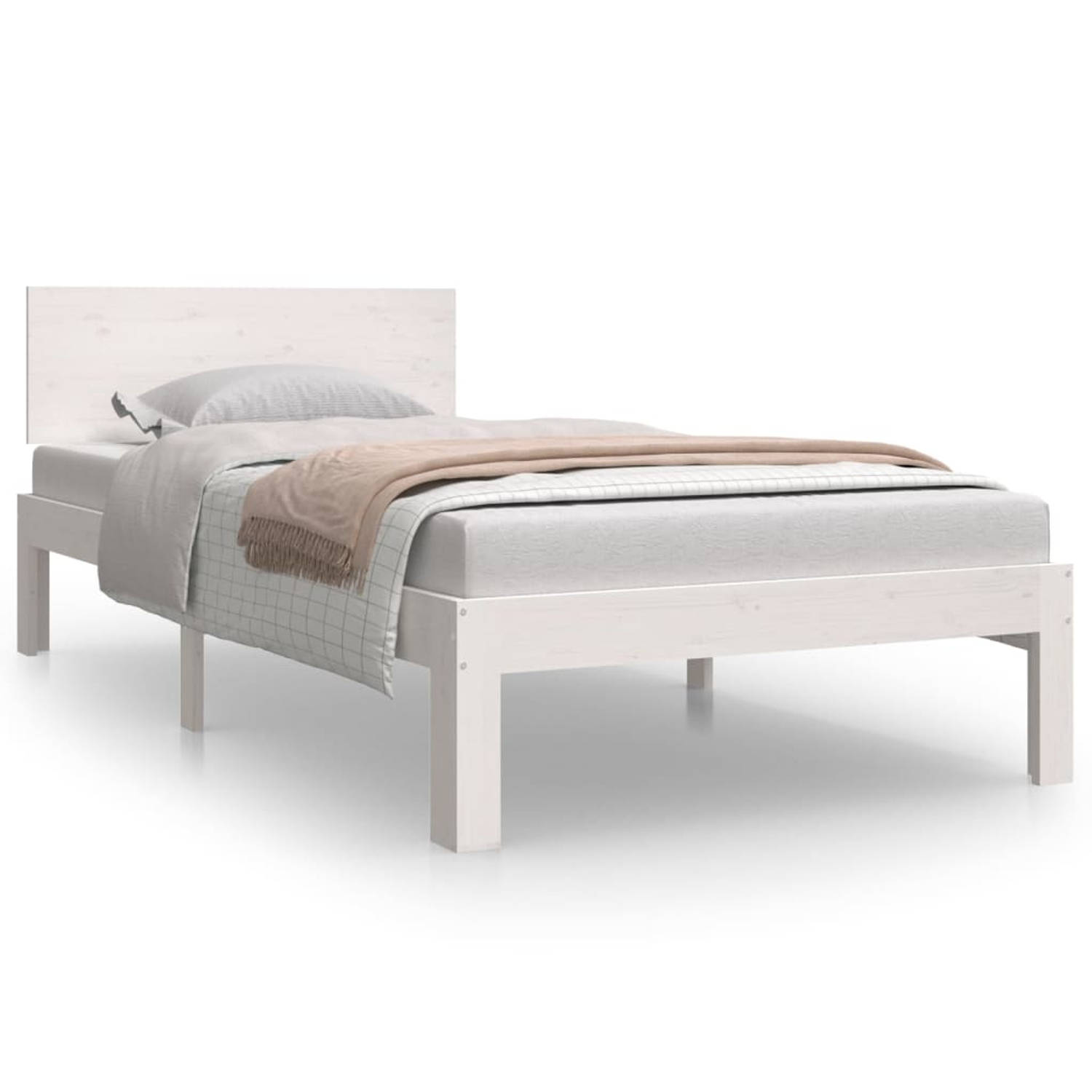 The Living Store Massief Grenenhouten Bedframe - Eenpersoons - 195.5 x 93.5 x 69.5 cm - Wit