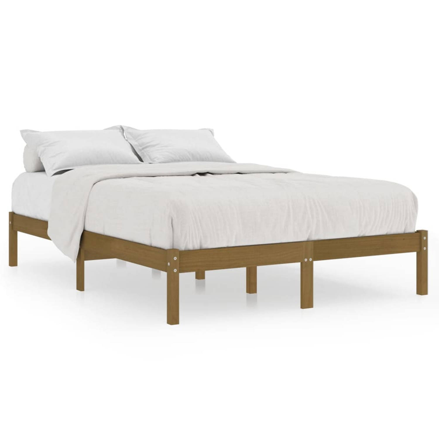 The Living Store Houten Bedframe - 150 x 200 cm - Massief Grenenhout - Honingbruin