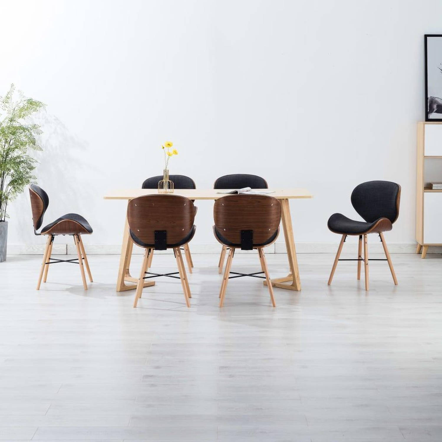 The Living Store Eetkamerstoelen - Set van 6 - Duurzame stof - Comfortabel - Gebogen houten frame - Donkergrijs -