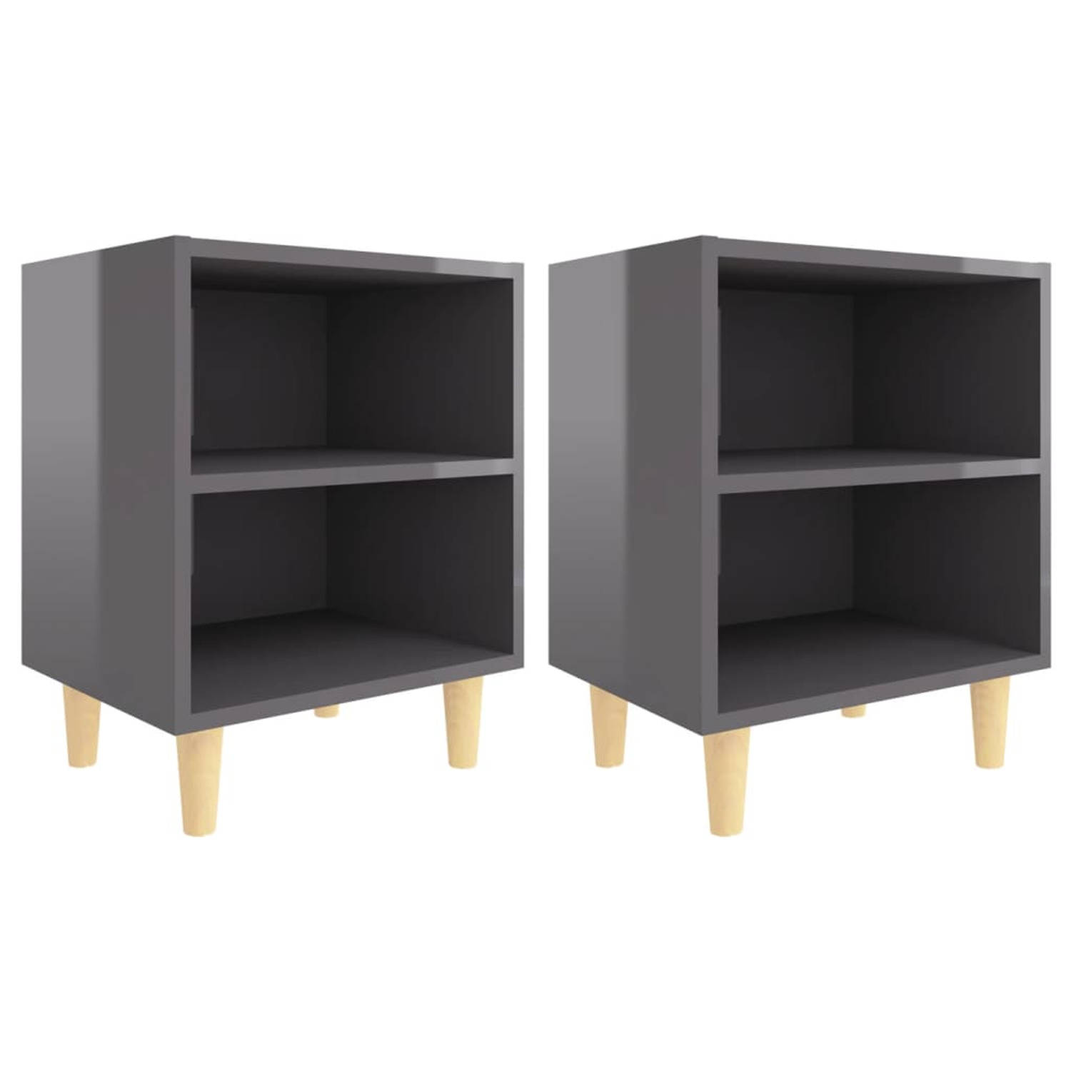 The Living Store Nachtkastjes 2 st met houten poten 40x30x50 cm hoogglans grijs - Kast