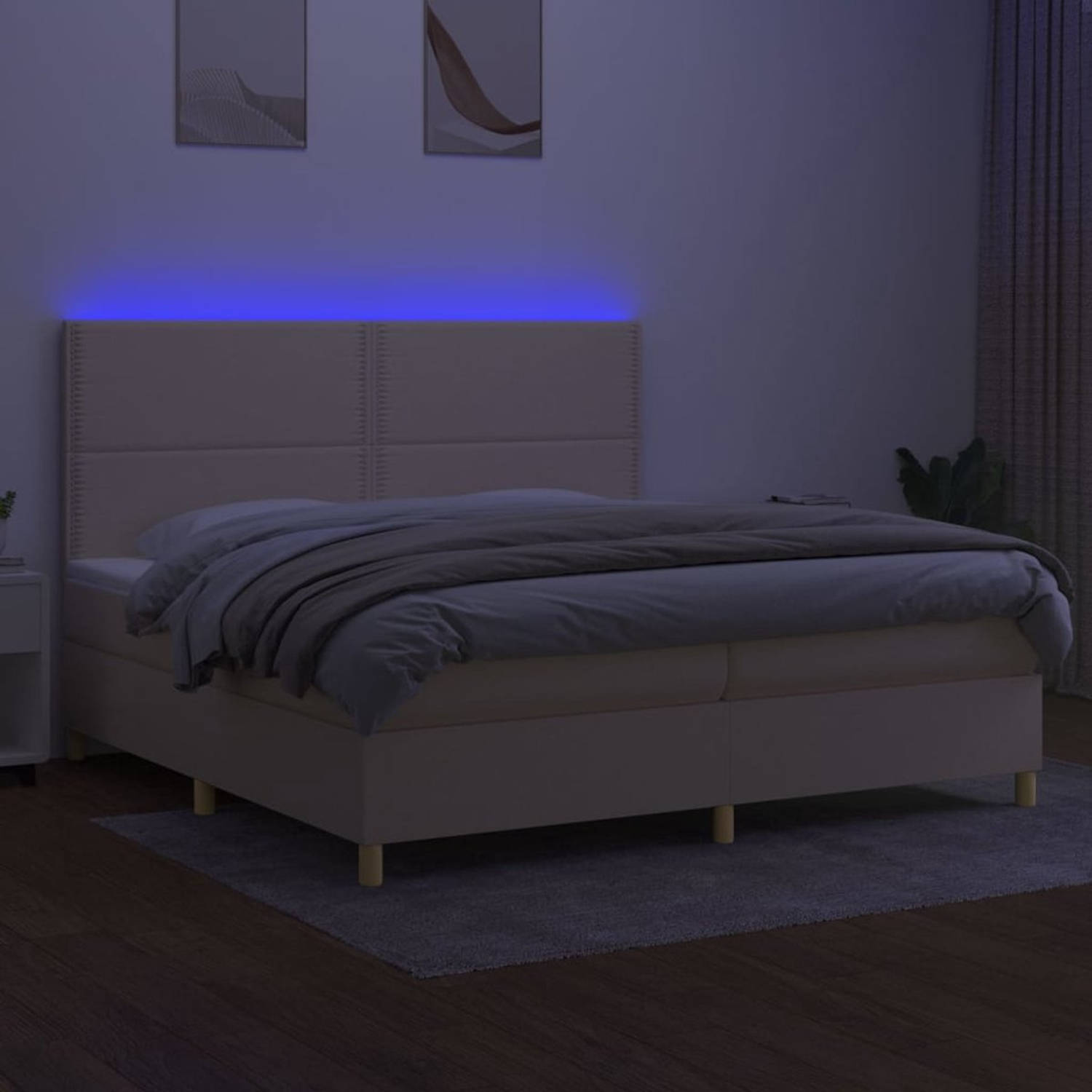 The Living Store Boxspring Bed - Crème - 203 x 200 x 118/128 cm - Verstelbaar hoofdbord - Kleurrijke LED-verlichting - Pocketvering matras - Huidvriendelijk topmatras - 2 matrassen
