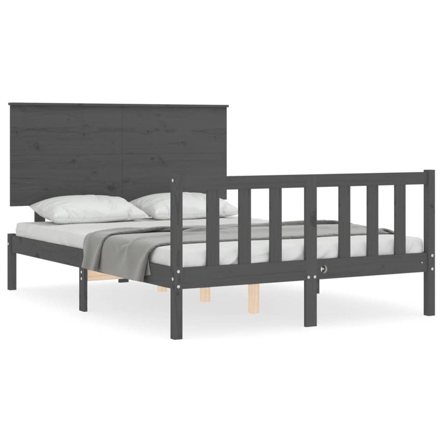 The Living Store Bedframe met hoofdbord massief hout grijs 4FT Small Double - Bedframe - Bedframes - Bed - Tweepersoonsbed - Slaapkamermeubel - Houten Bedframe - Houten Bed - Bedbo