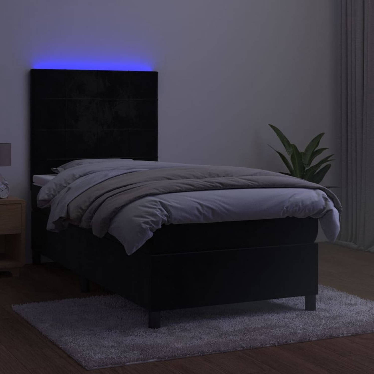 The Living Store Bed Zwart Fluweel 203x100x118/128 cm - LED Strip inclusief - Pocketvering Matras 100x200x20 cm -