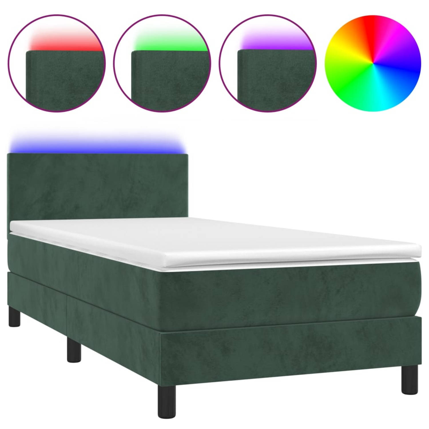 The Living Store Bed - Donkergroen - Fluwelen stof - Verstelbaar hoofdbord - LED-verlichting - Pocketvering matras - Huidvriendelijk topmatras - 203x100x78/88 cm