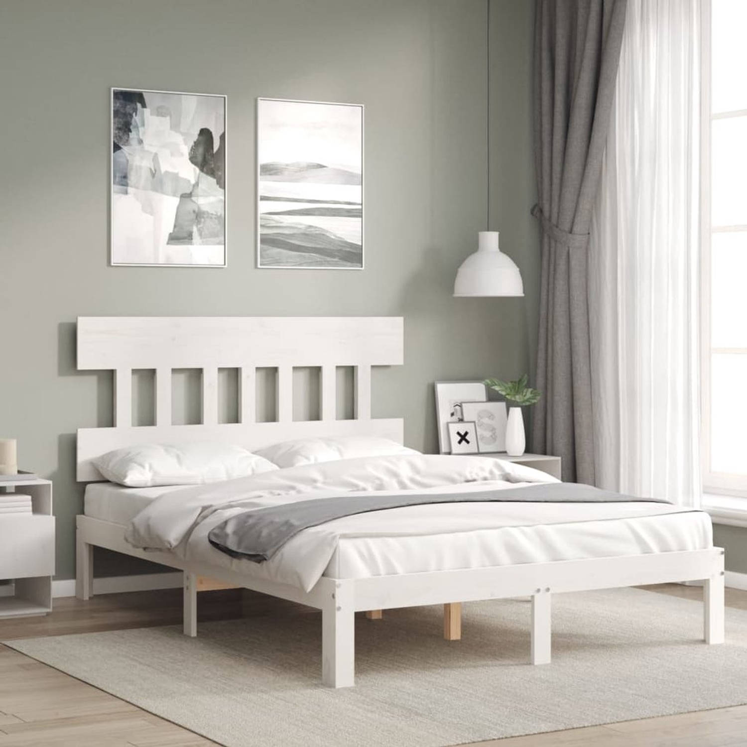 The Living Store Bedframe - Massief grenenhout - 193.5 x 123.5 x 81 cm - Wit