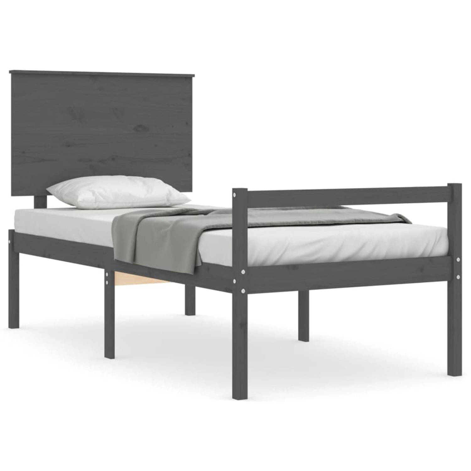 The Living Store Bedframe met hoofdbord massief hout grijs 90x200 cm - Bedframe - Bedframes - Bed - Eenpersoonsbed - Slaapkamermeubel - Houten Bedframe - Houten Bed - Bedbodem - Ma