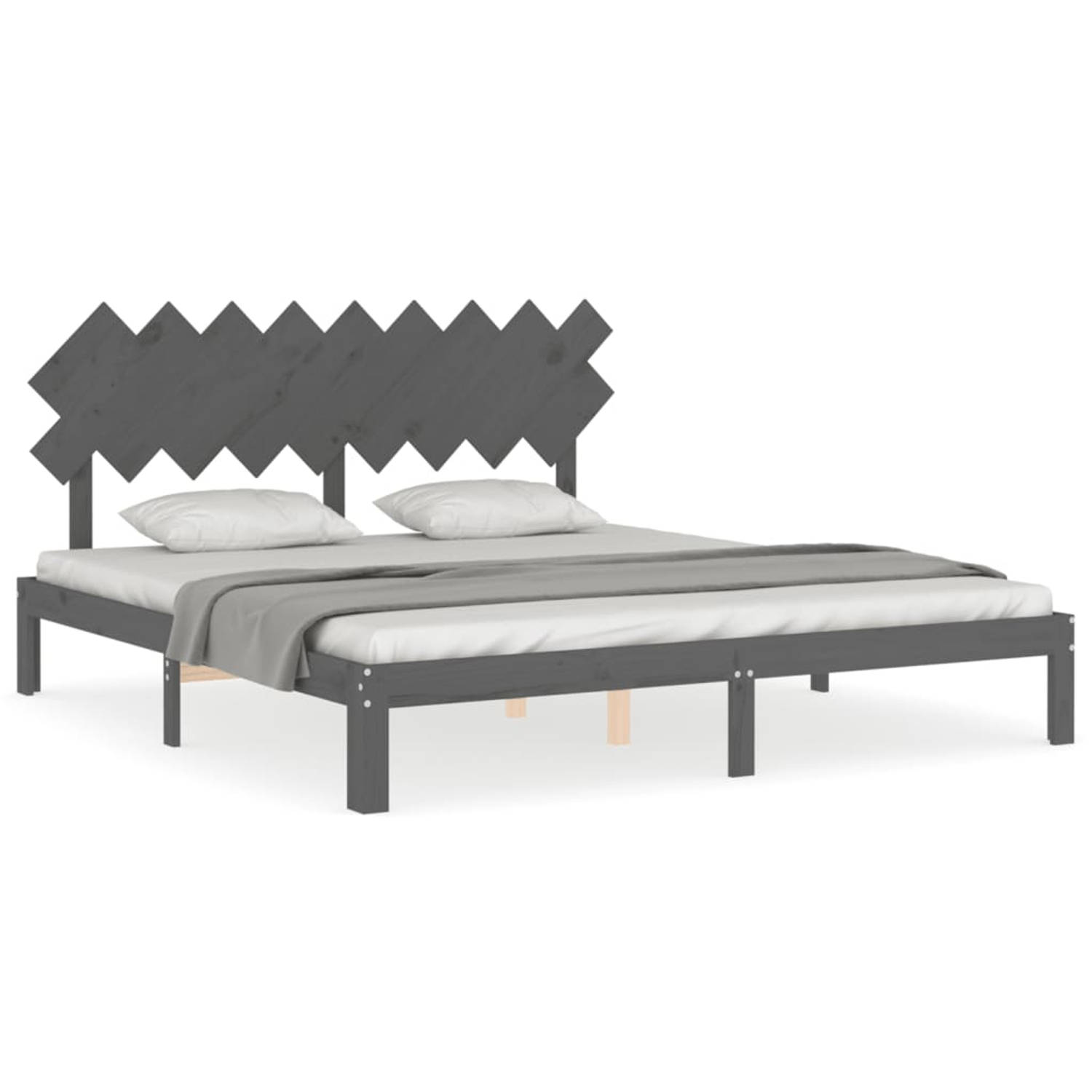 The Living Store Bedframe met hoofdbord massief hout grijs 6FT Super King - Bed