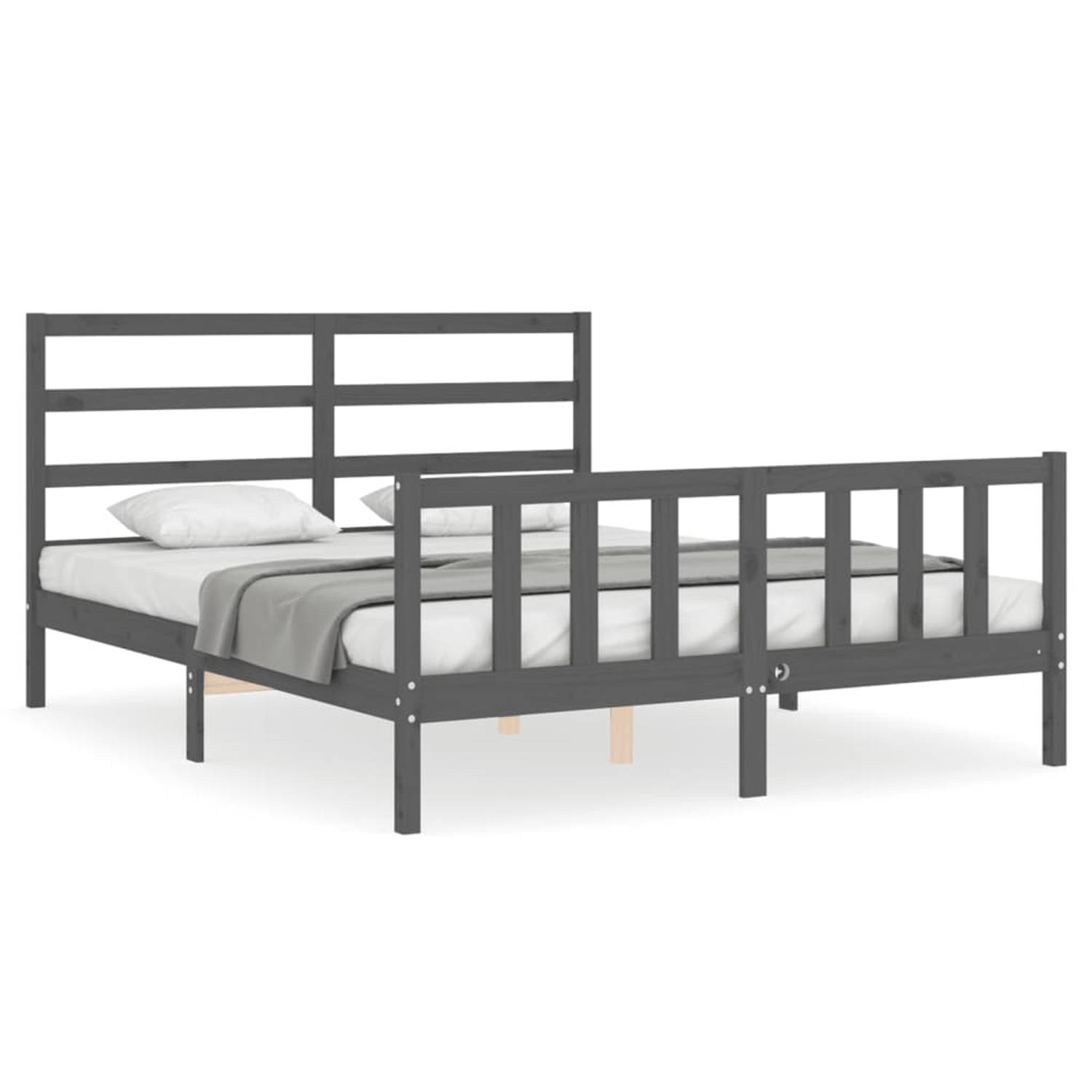 The Living Store Bedframe met hoofdbord massief hout grijs 5 FT King Size - Bedframe - Bedframes - Bed - Tweepersoonsbed - Slaapkamermeubel - Houten Bedframe - Houten Bed - Bedbode