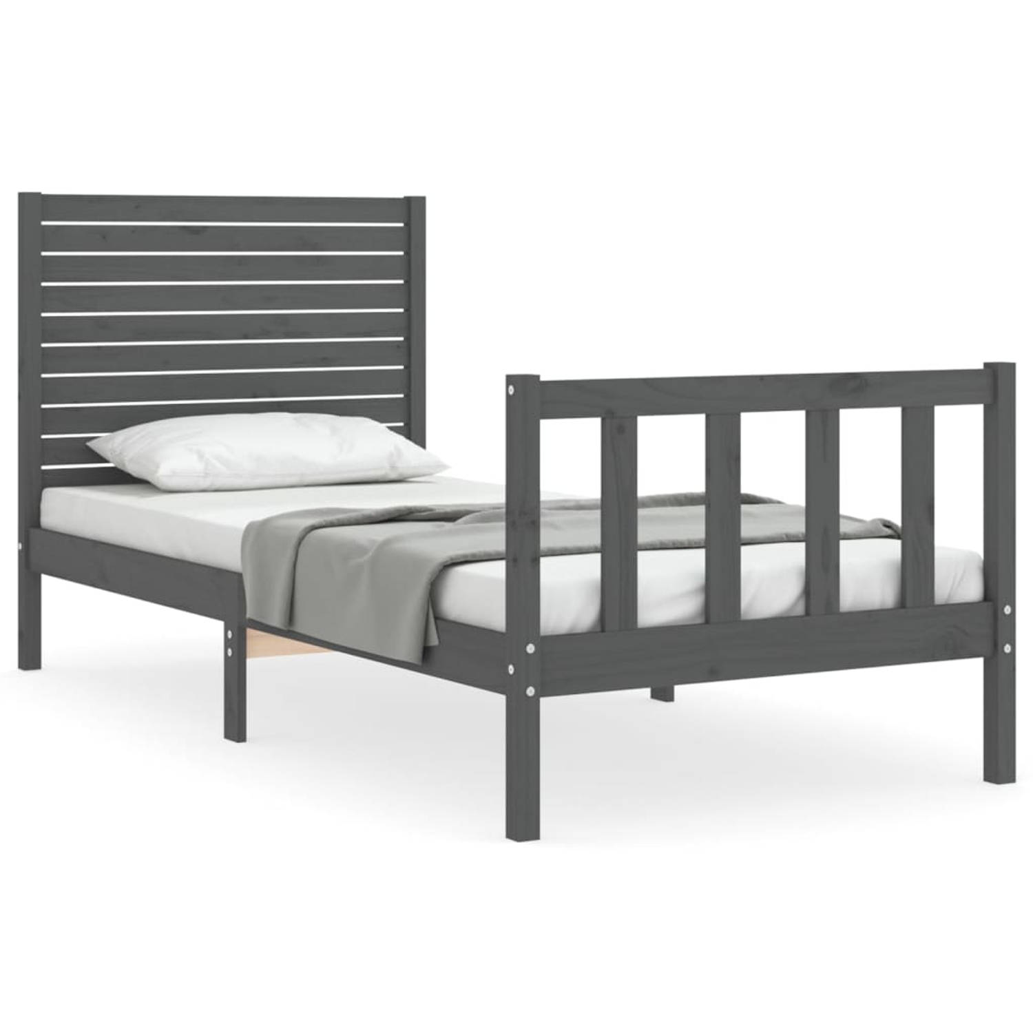 The Living Store Bedframe met hoofdbord massief hout grijs 3FT Single - Bedframe - Bedframes - Bed - Eenpersoonsbed - Slaapkamermeubel - Houten Bedframe - Houten Bed - Bedbodem - M