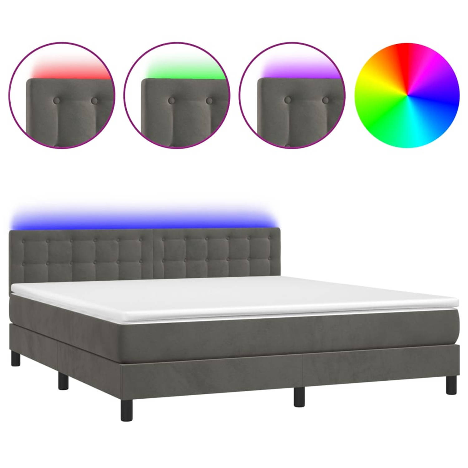 The Living Store Boxspring met matras en LED fluweel donkergrijs 160x200 cm - Bed