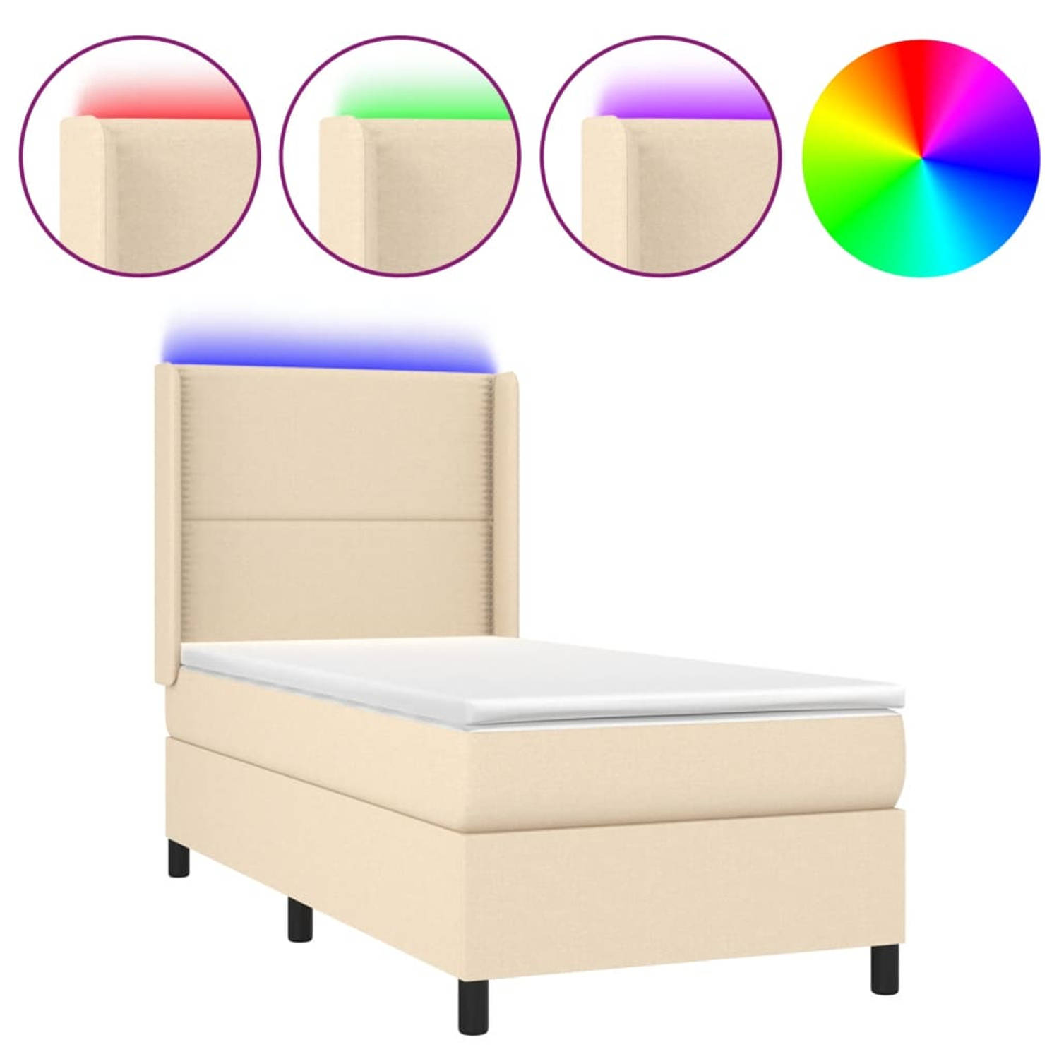 The Living Store Boxspringbed - Crème - 193 x 93 x 118/128 cm - Verstelbaar hoofdbord - Inclusief LED-verlichting - Pocketvering matras - Huidvriendelijk topmatras - Montagehandlei