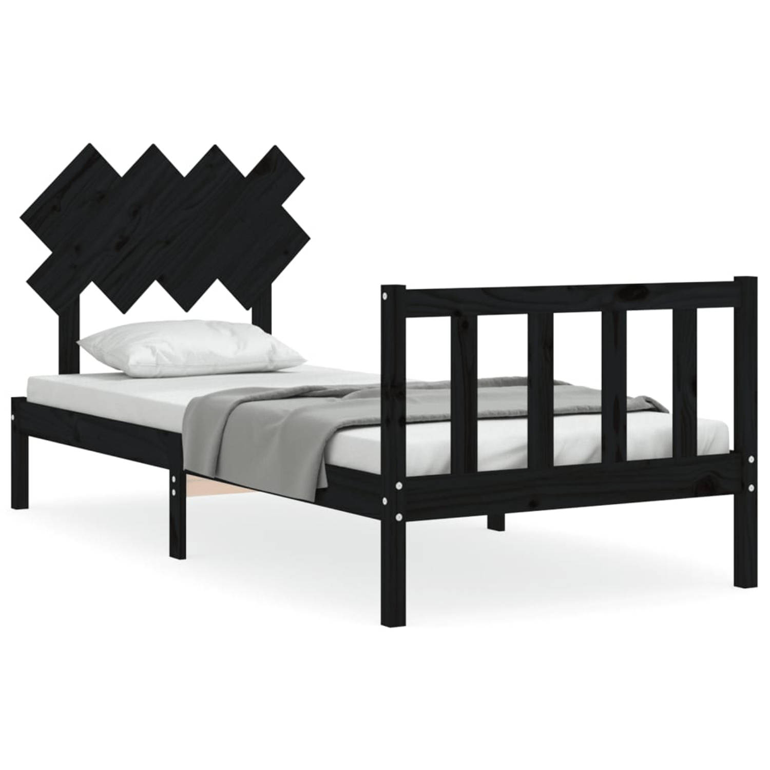 The Living Store Bedframe met hoofdbord massief hout zwart 90x200 cm - Bedframe - Bedframes - Bed - Eenpersoonsbed - Slaapkamermeubel - Houten Bedframe - Houten Bed - Bedbodem - Ma