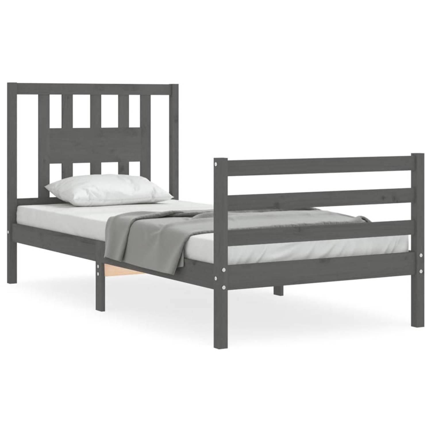 The Living Store Bedframe met hoofdbord massief hout grijs 100x200 cm - Bedframe - Bedframes - Bed - Eenpersoonsbed - Slaapkamermeubel - Houten Bedframe - Houten Bed - Bedbodem - M