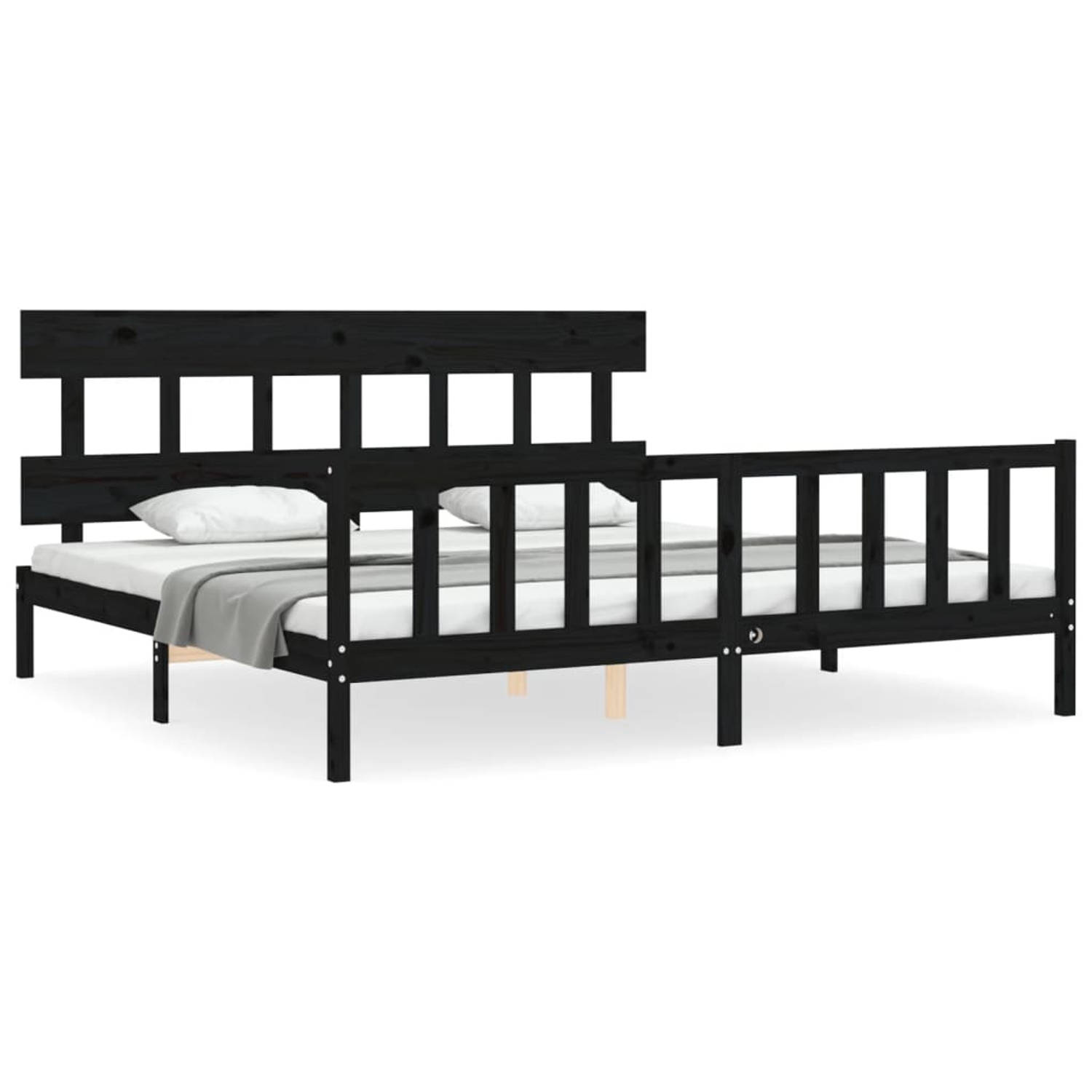 The Living Store Bedframe met hoofdbord massief hout zwart 200x200 cm - Bedframe - Bedframes - Bed - Tweepersoonsbed - Slaapkamermeubel - Houten Bedframe - Houten Bed - Bedbodem -