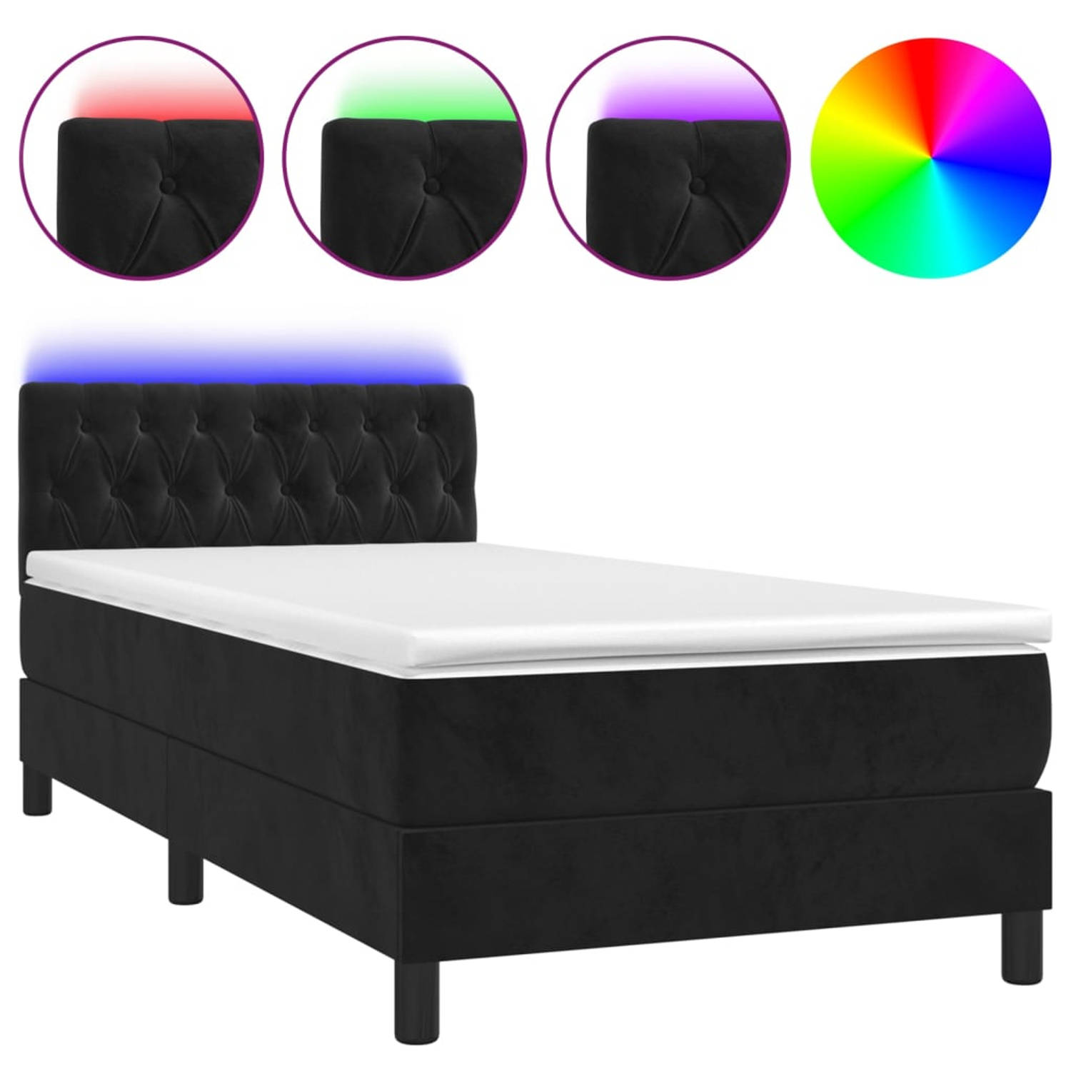 The Living Store Boxspring met matras en LED fluweel zwart 90x190 cm - Bed