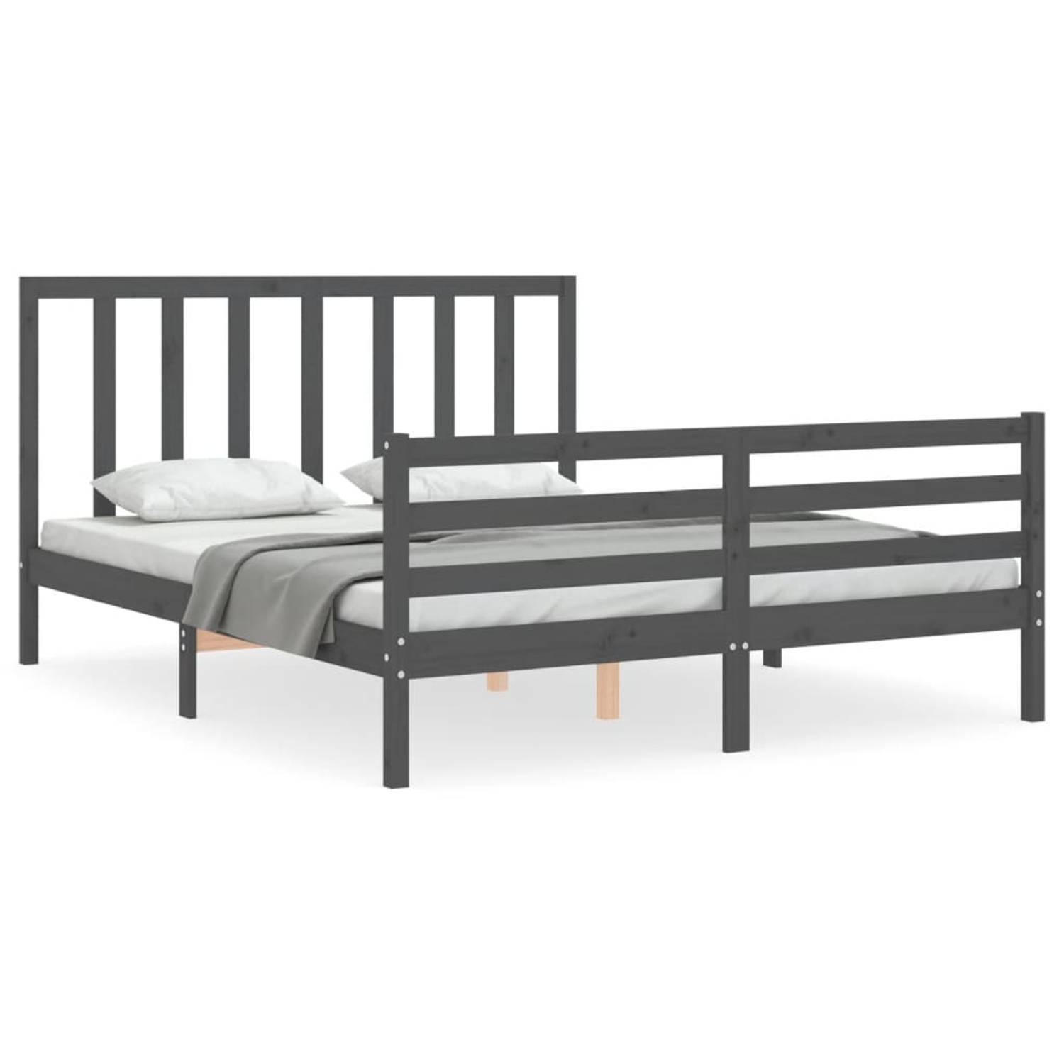 The Living Store Bedframe met hoofdbord massief hout grijs 160x200 cm - Bedframe - Bedframes - Bed - Tweepersoonsbed - Slaapkamermeubel - Houten Bedframe - Houten Bed - Bedbodem -